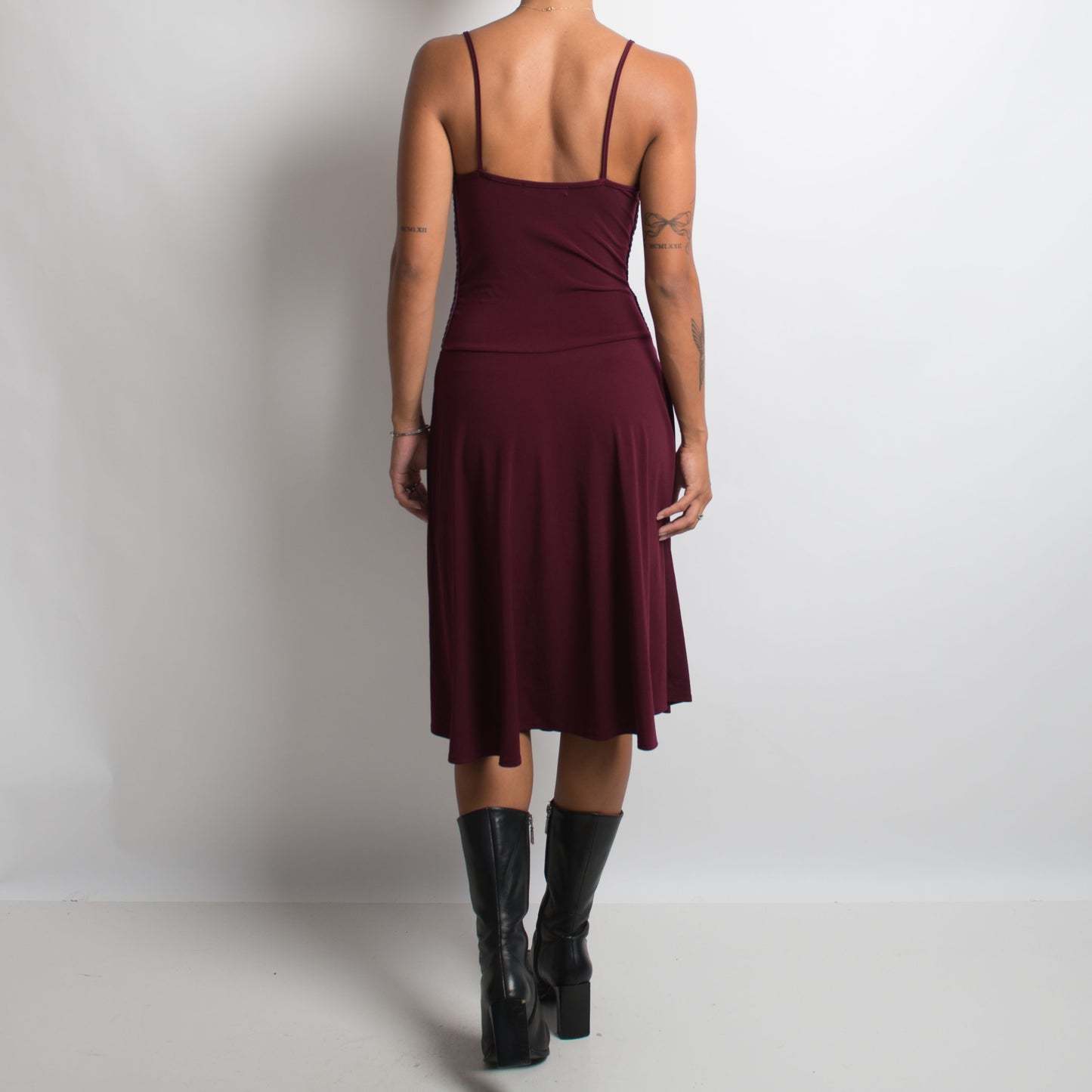 PLUM RUCHED MIDI DRESS