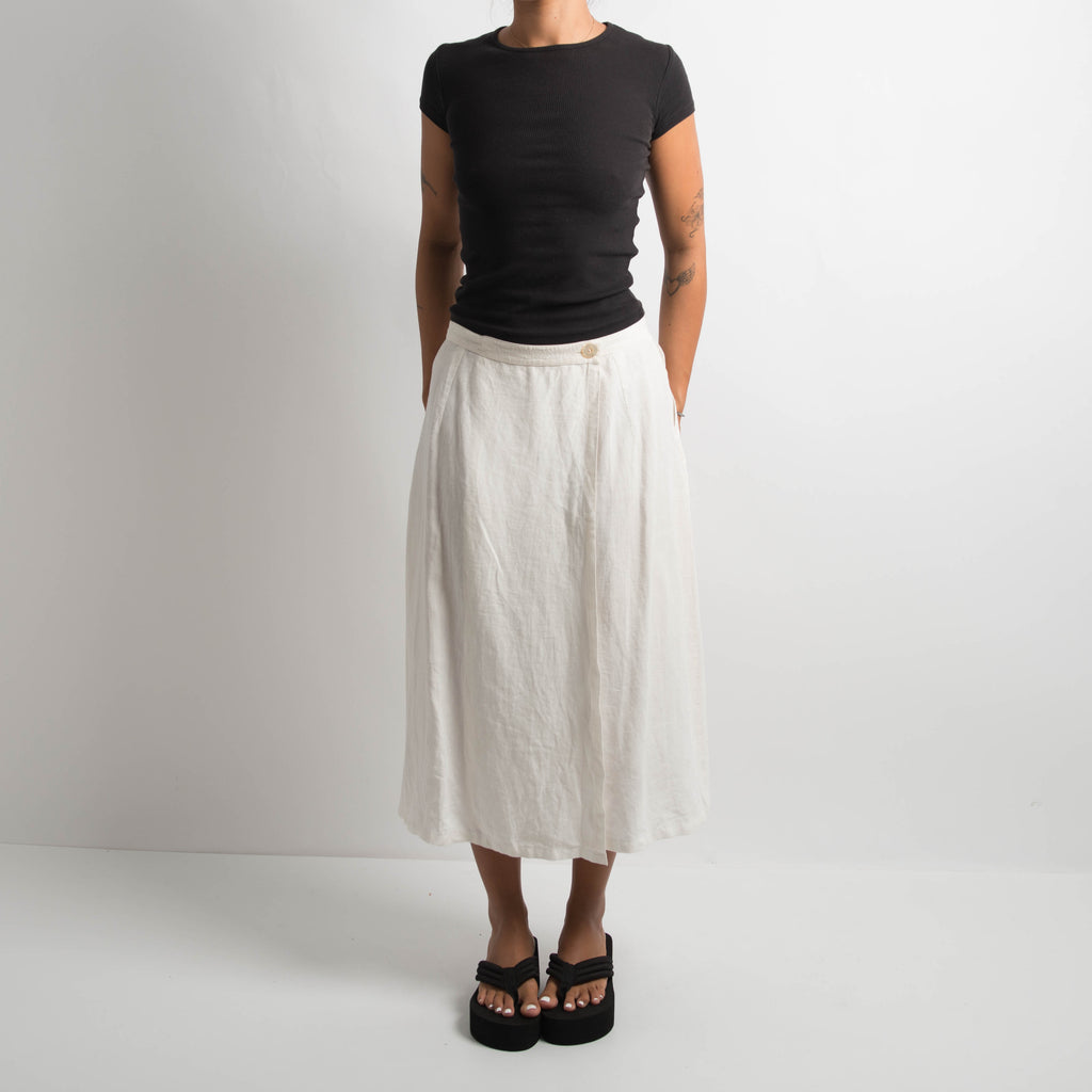 WHITE LINEN MIDI SKIRT