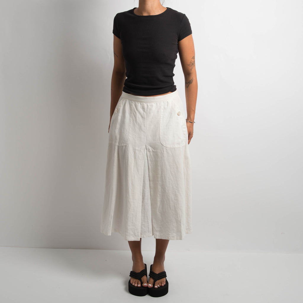 WHITE LINEN MIDI SKIRT