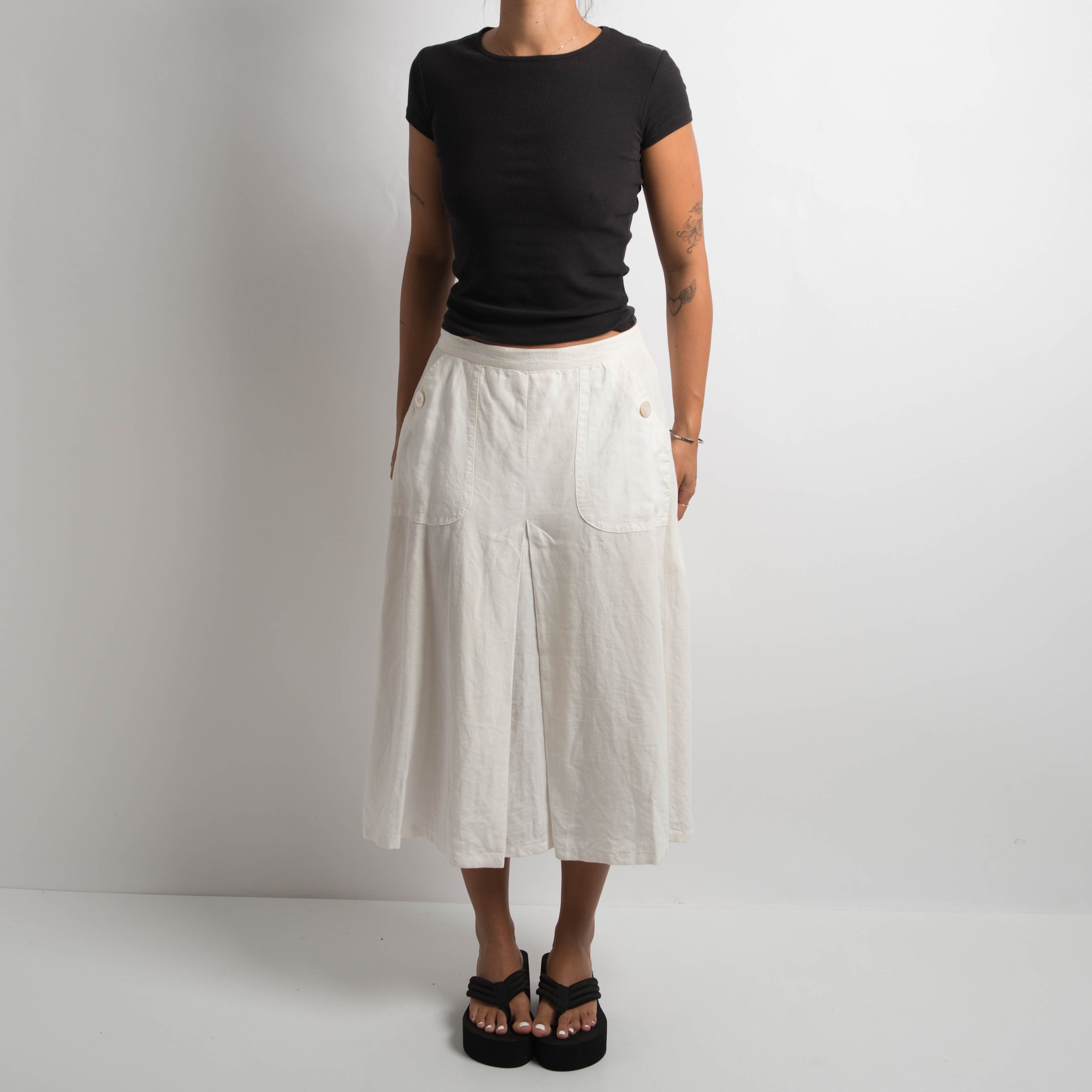 WHITE LINEN MIDI SKIRT