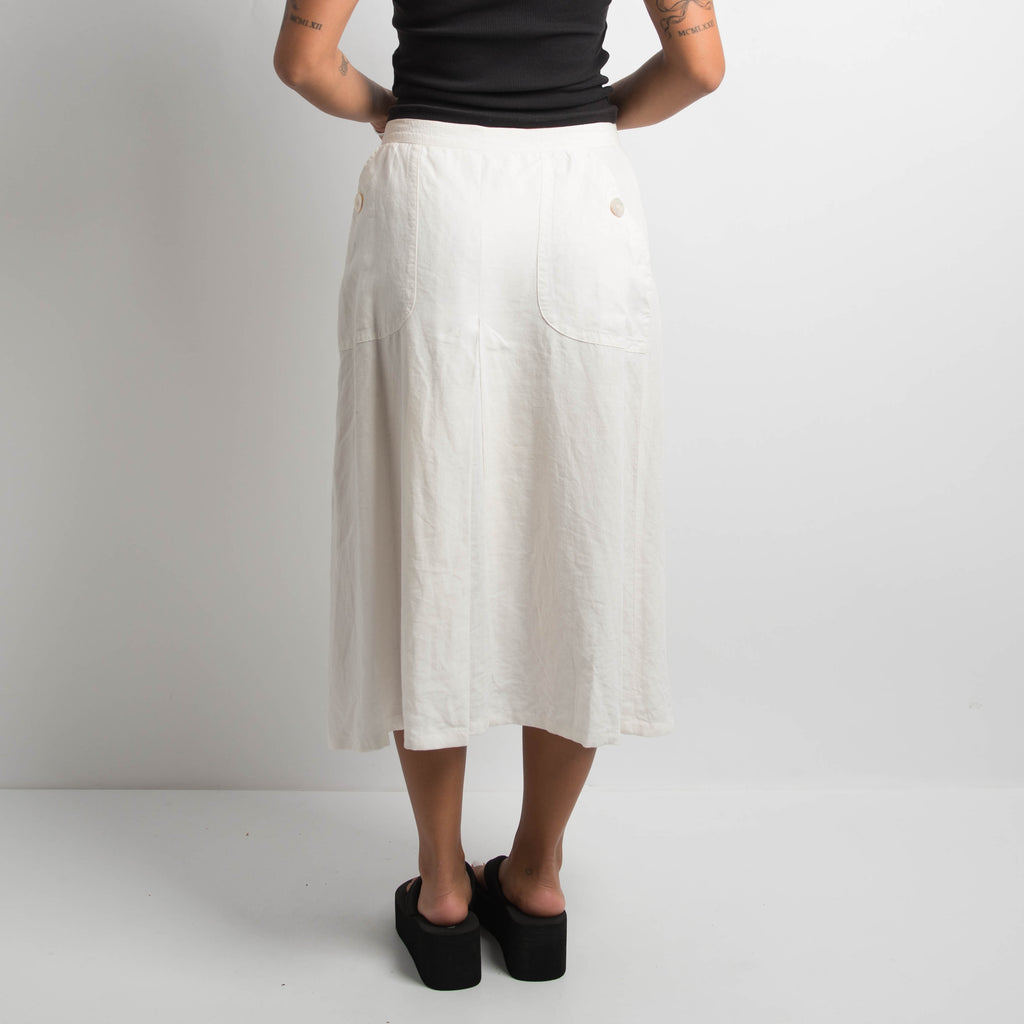 WHITE LINEN MIDI SKIRT