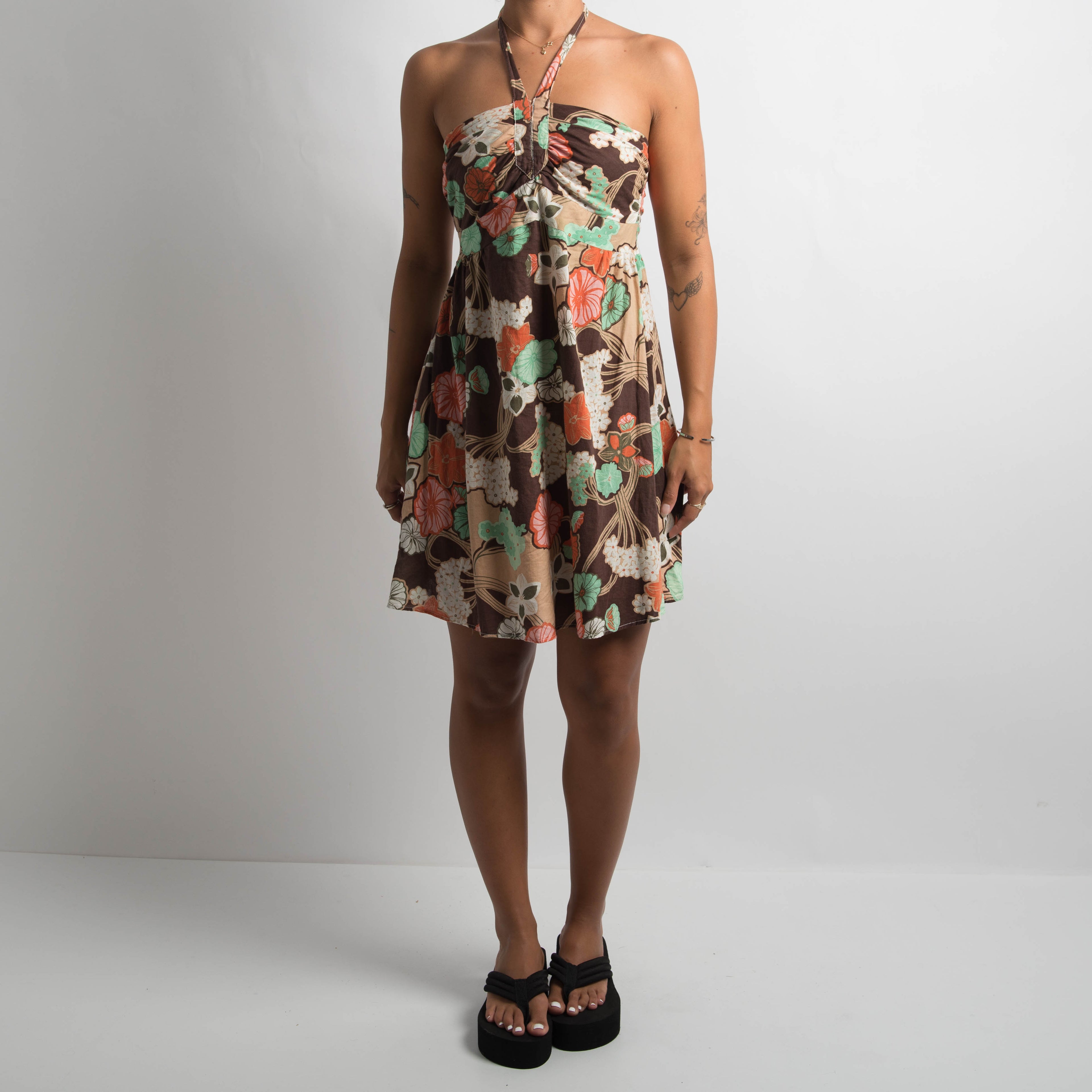 BROWN PATTERNED MINI DRESS