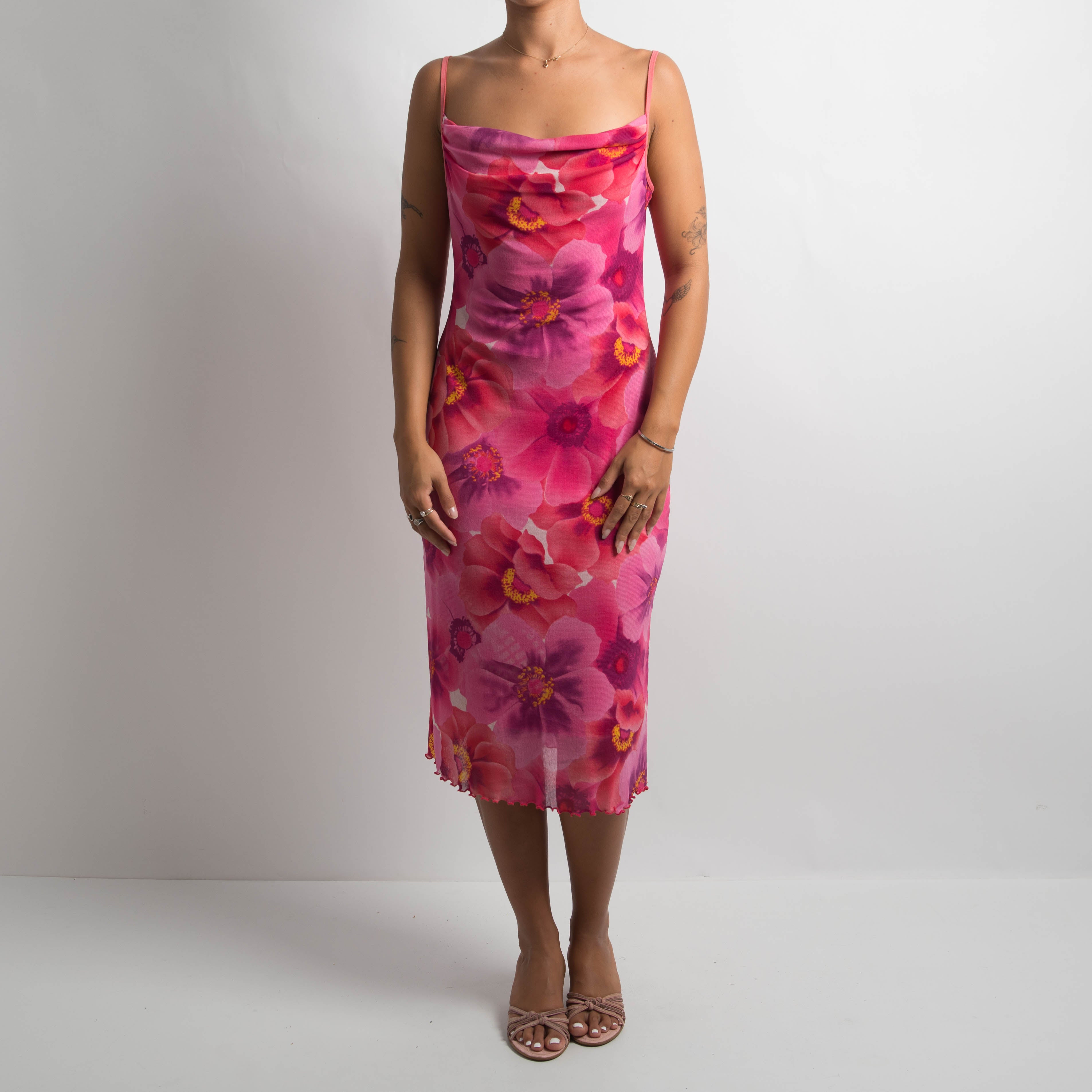 PINK MESH FLORAL MIDI DRESS