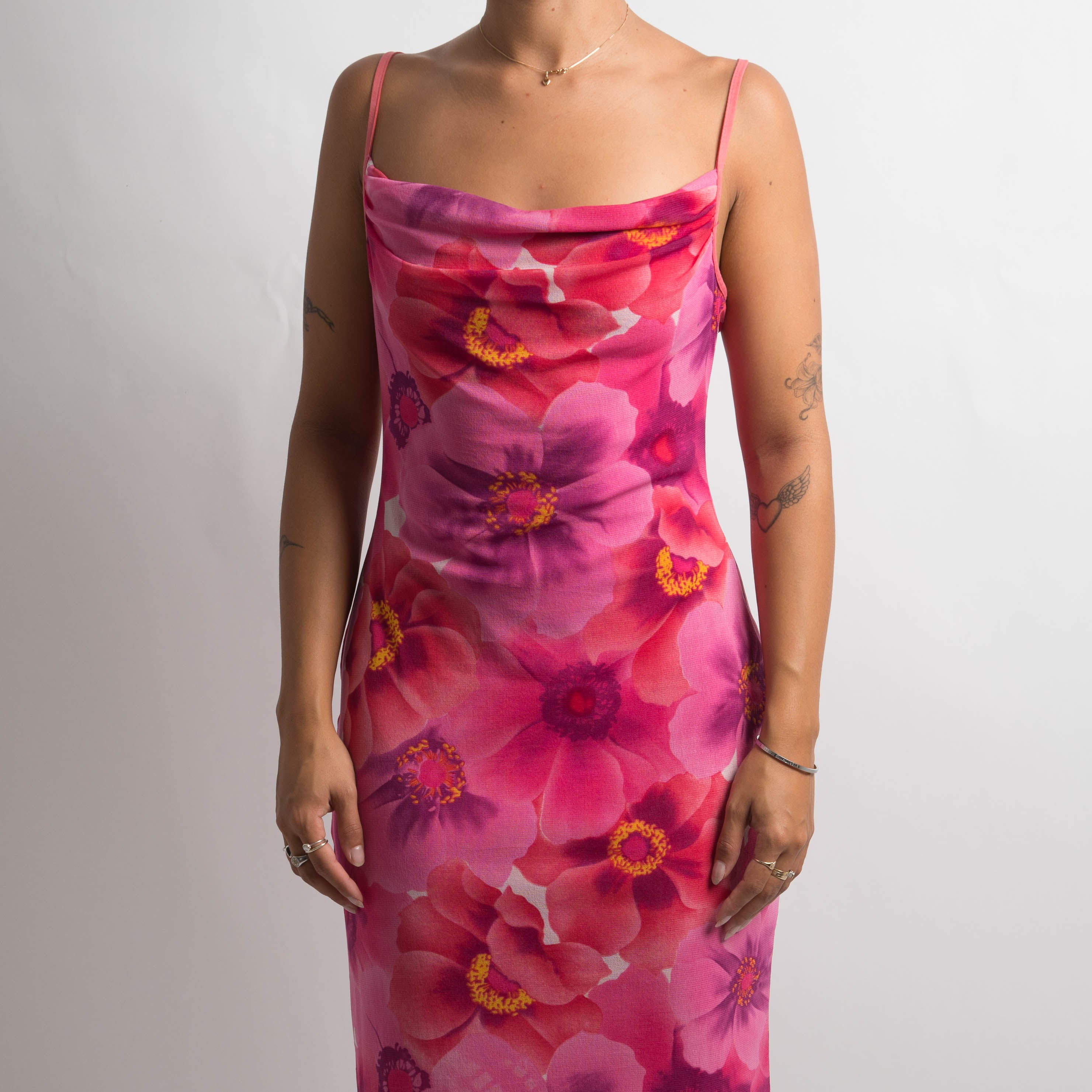 PINK MESH FLORAL MIDI DRESS