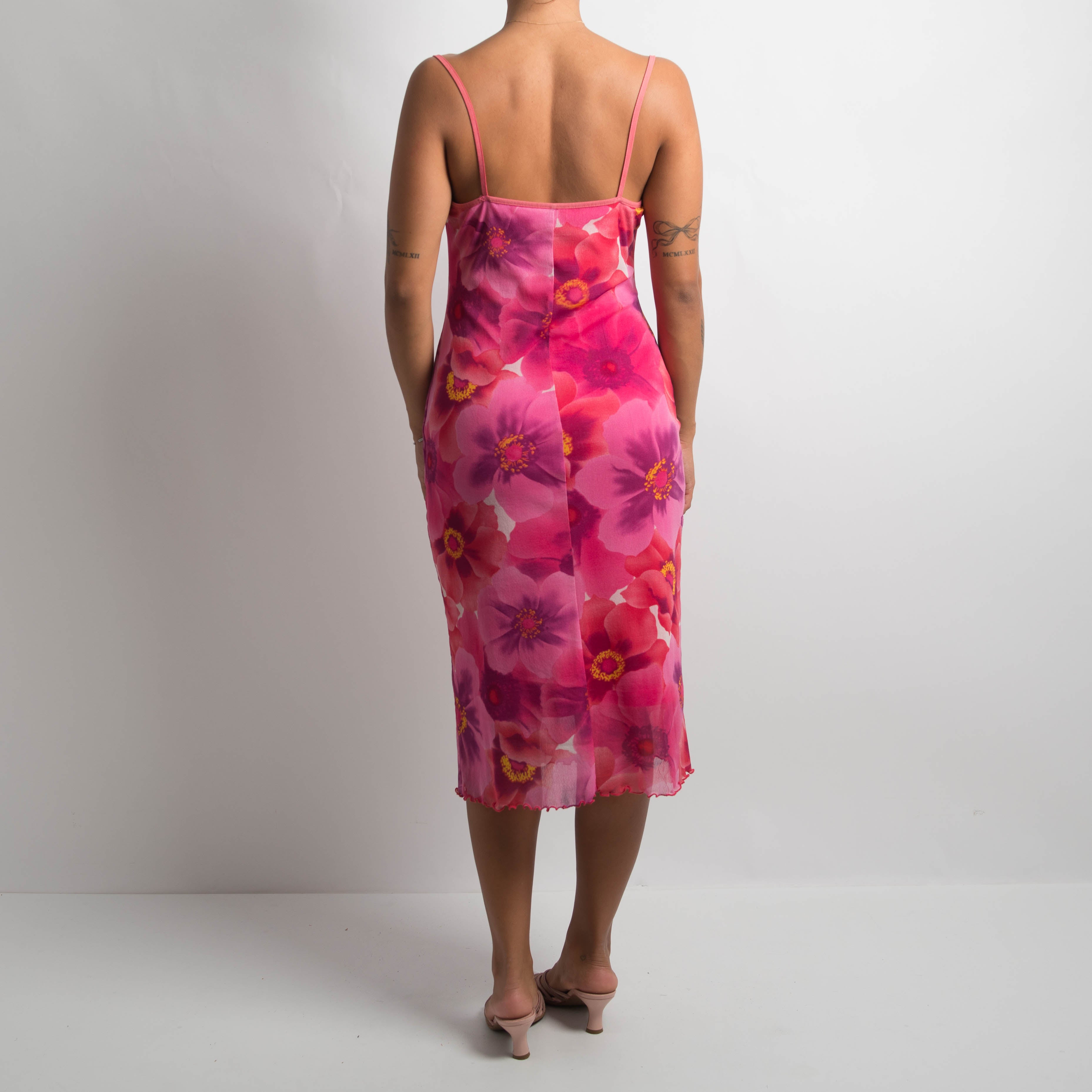 PINK MESH FLORAL MIDI DRESS