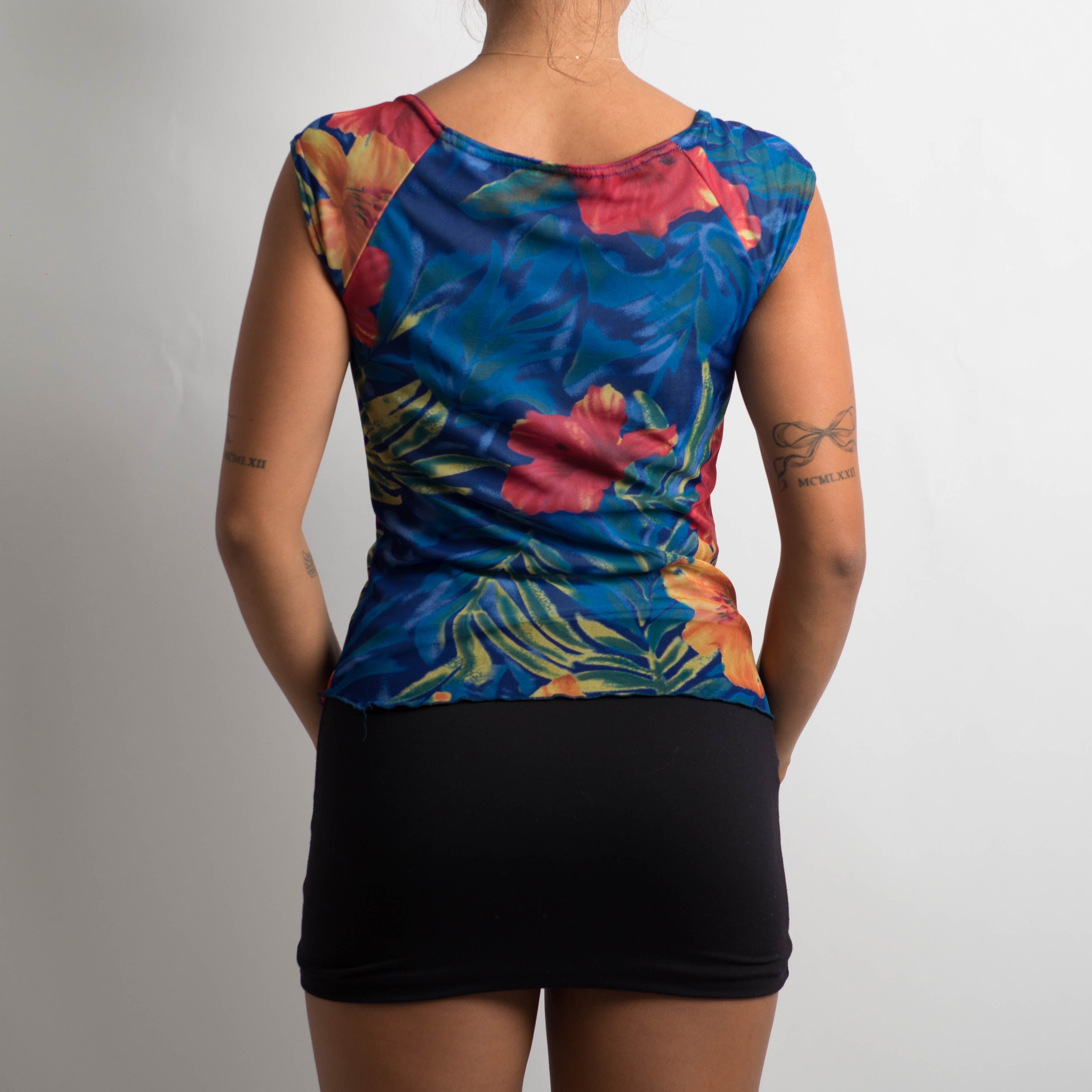 BLUE FLORAL MESH TOP