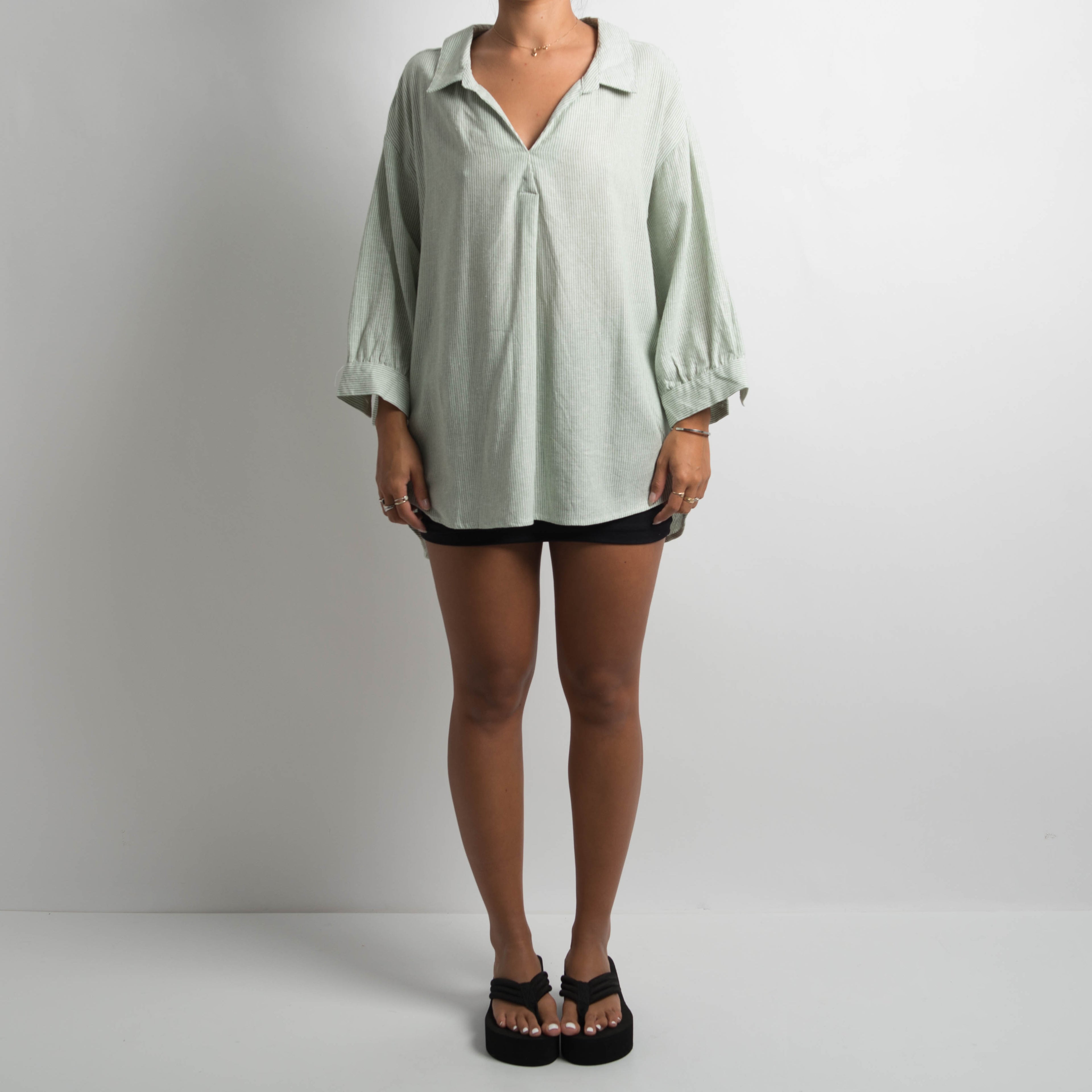 GREEN STRIPE LINEN SHIRT
