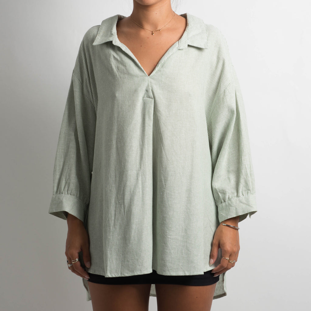 GREEN STRIPE LINEN SHIRT