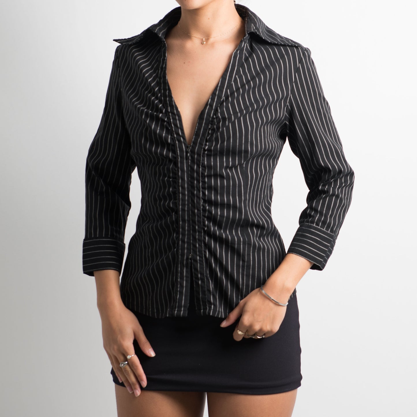 PINSTRIPE DOUBLE ZIP BLOUSE