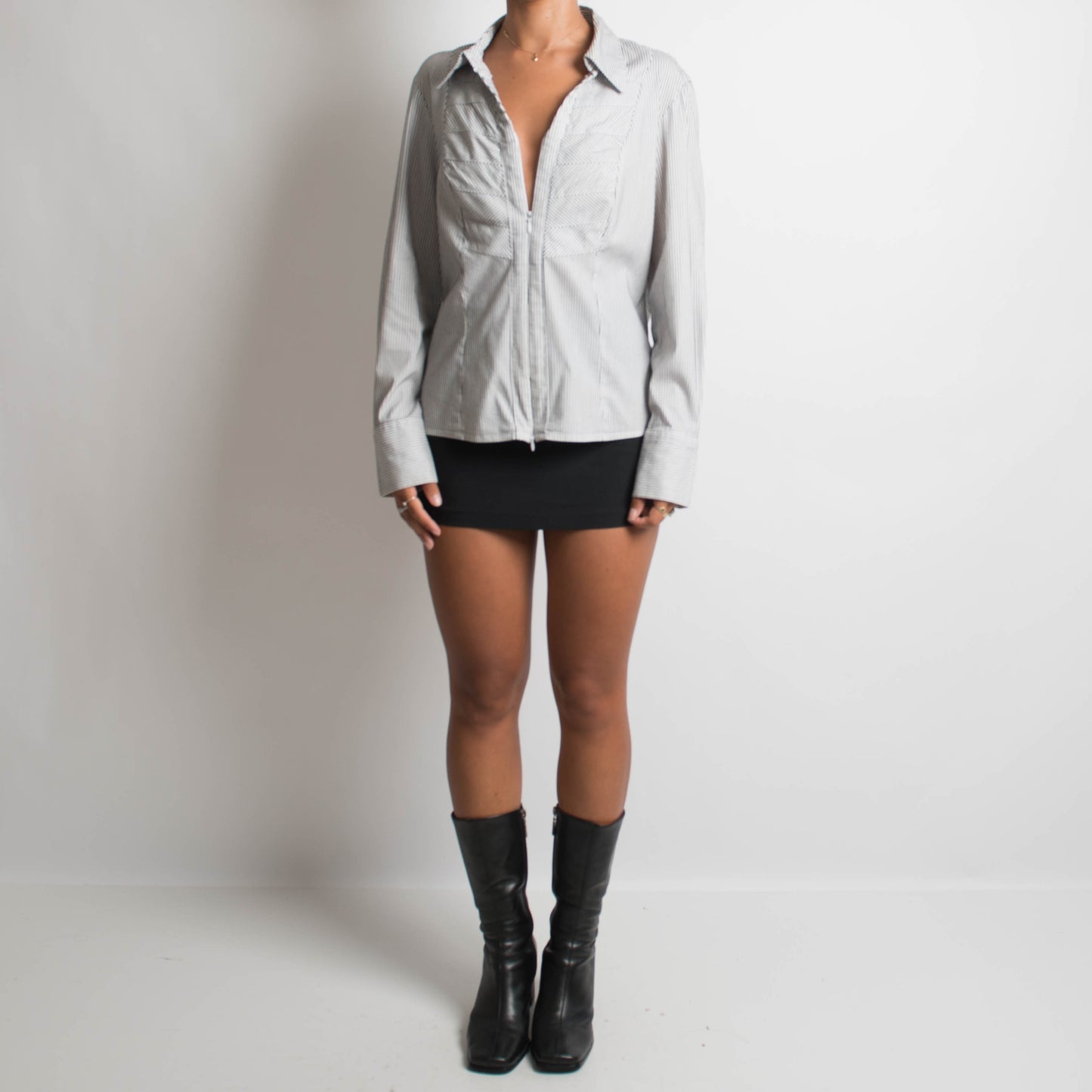 PINSTRIPE DOUBLE ZIP BLOUSE