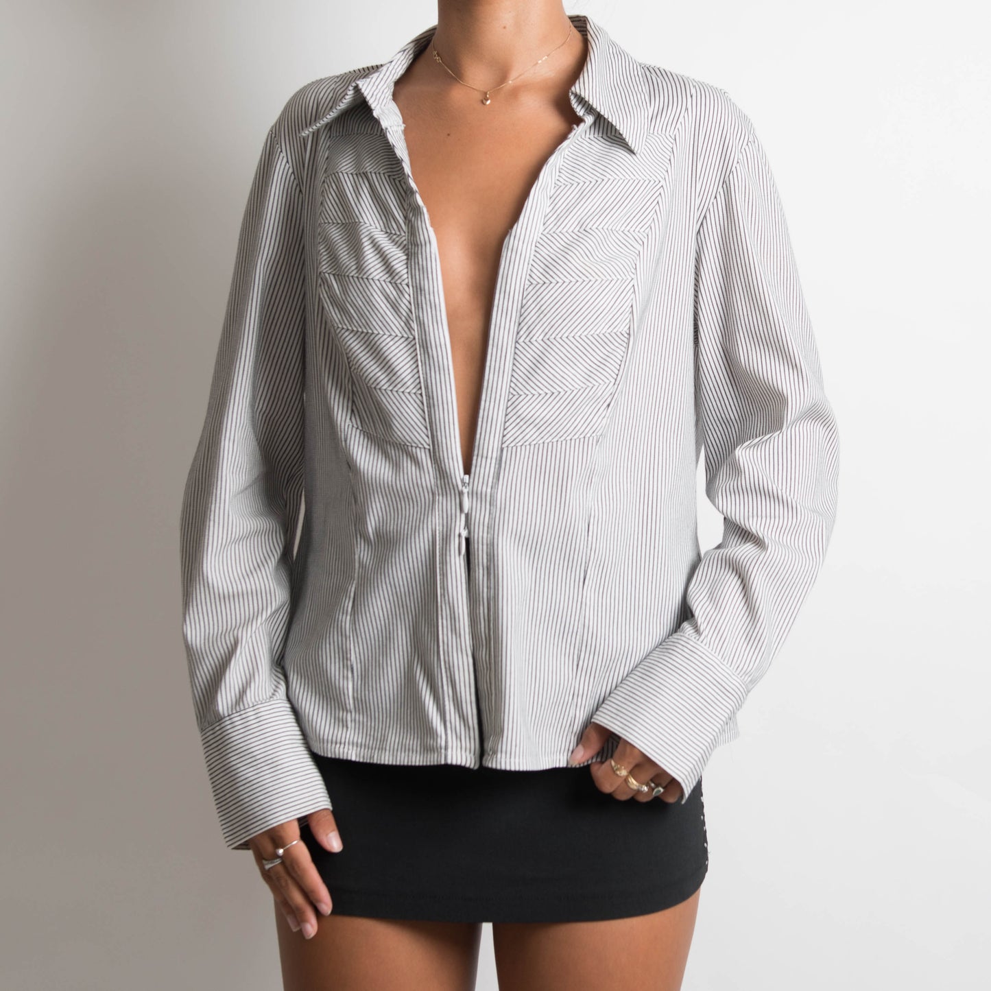 PINSTRIPE DOUBLE ZIP BLOUSE