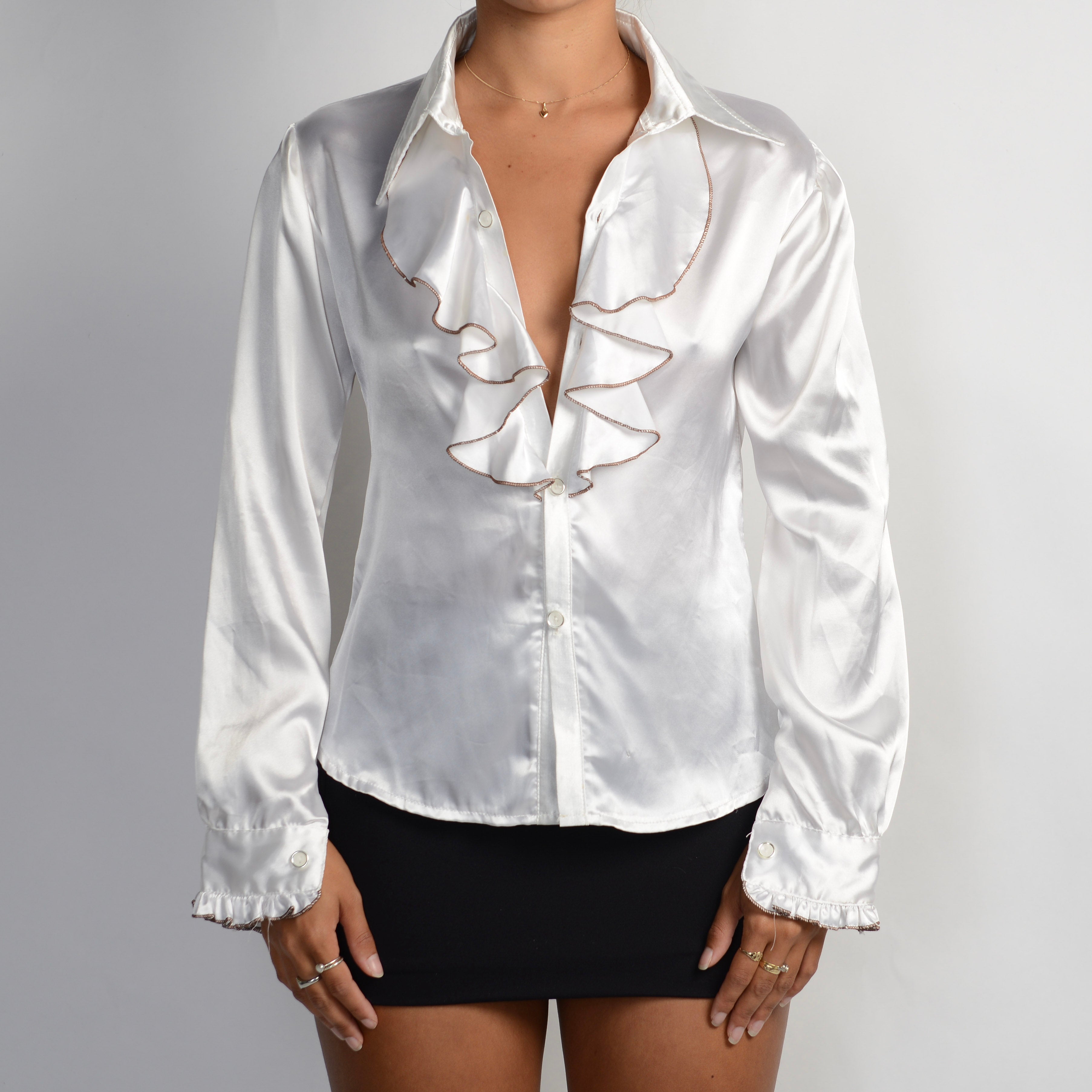 WHITE SATIN RUFFLE BLOUSE