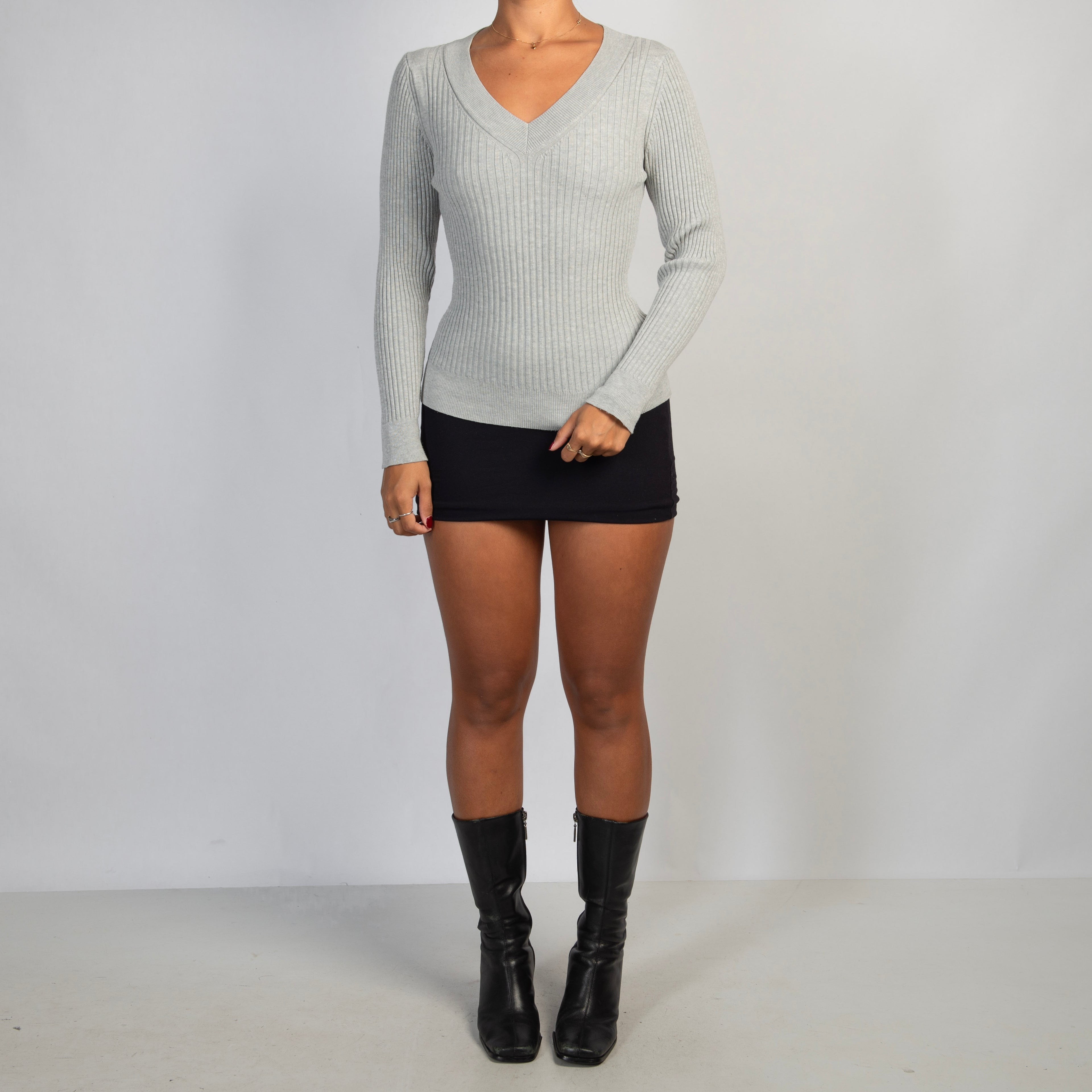 GREY RIB LONG SLEEVE TOP