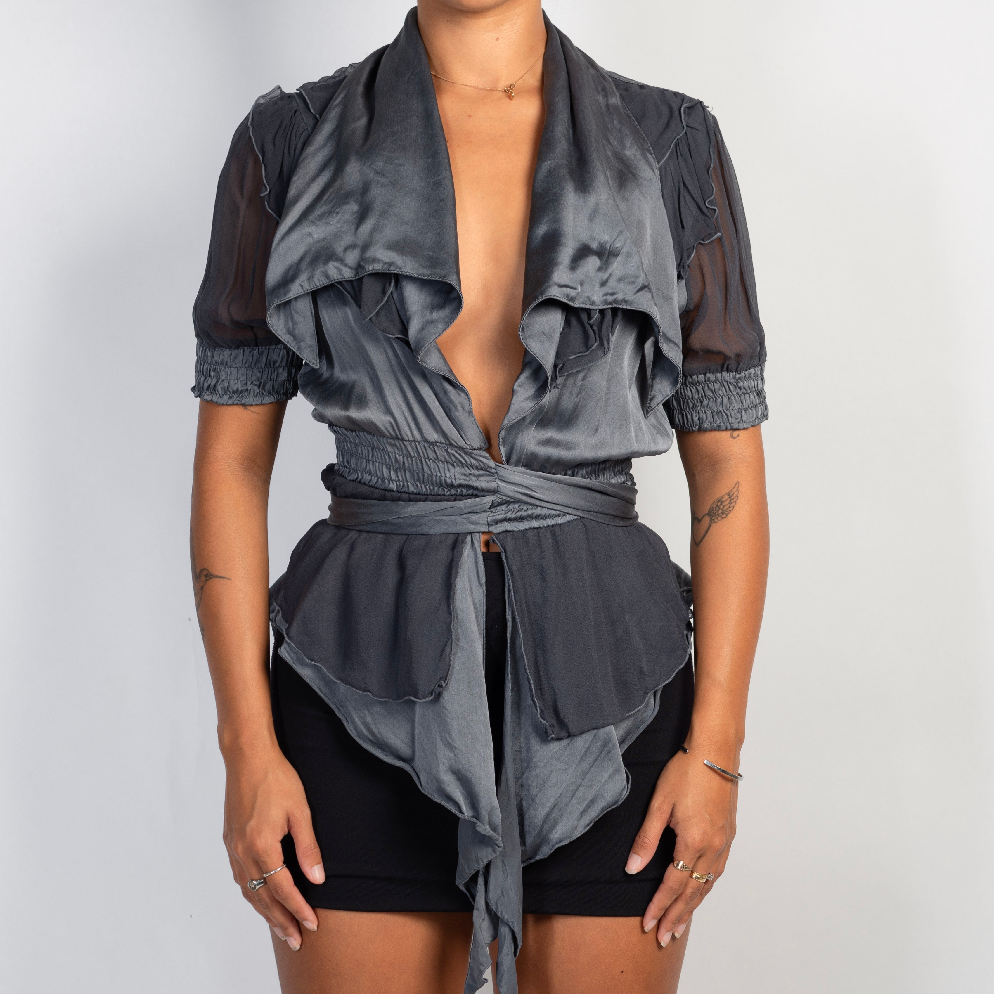 SLATE SILK TIE BLOUSE