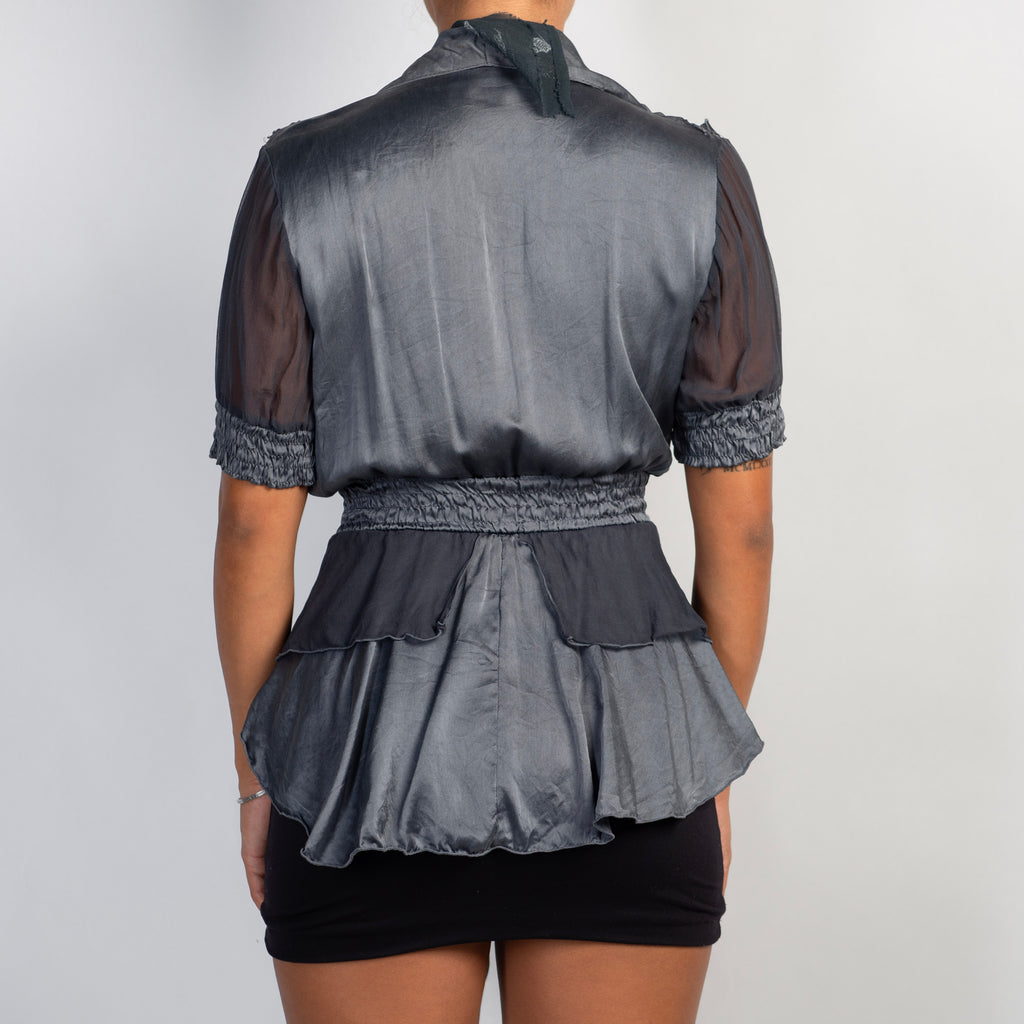 SLATE SILK TIE BLOUSE
