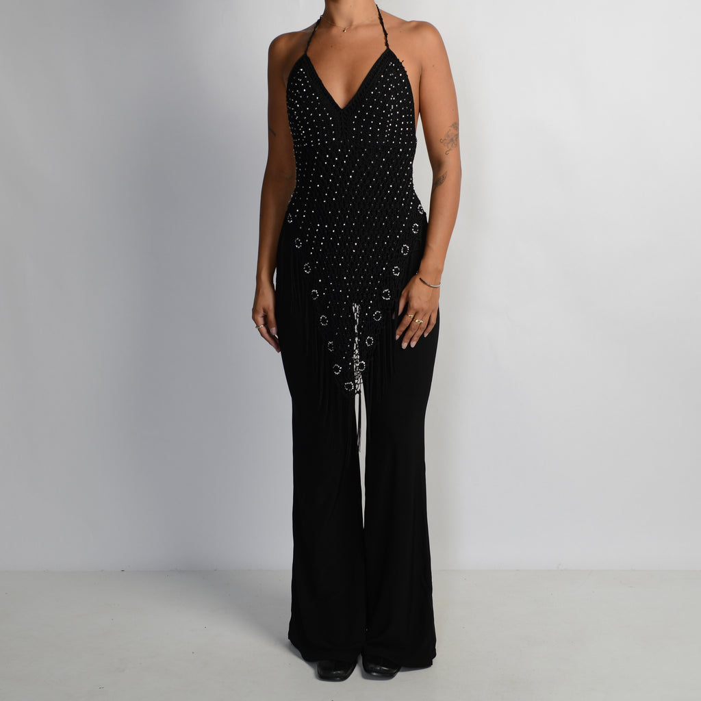 BLACK CROCHET OVERLAY JUMPSUIT
