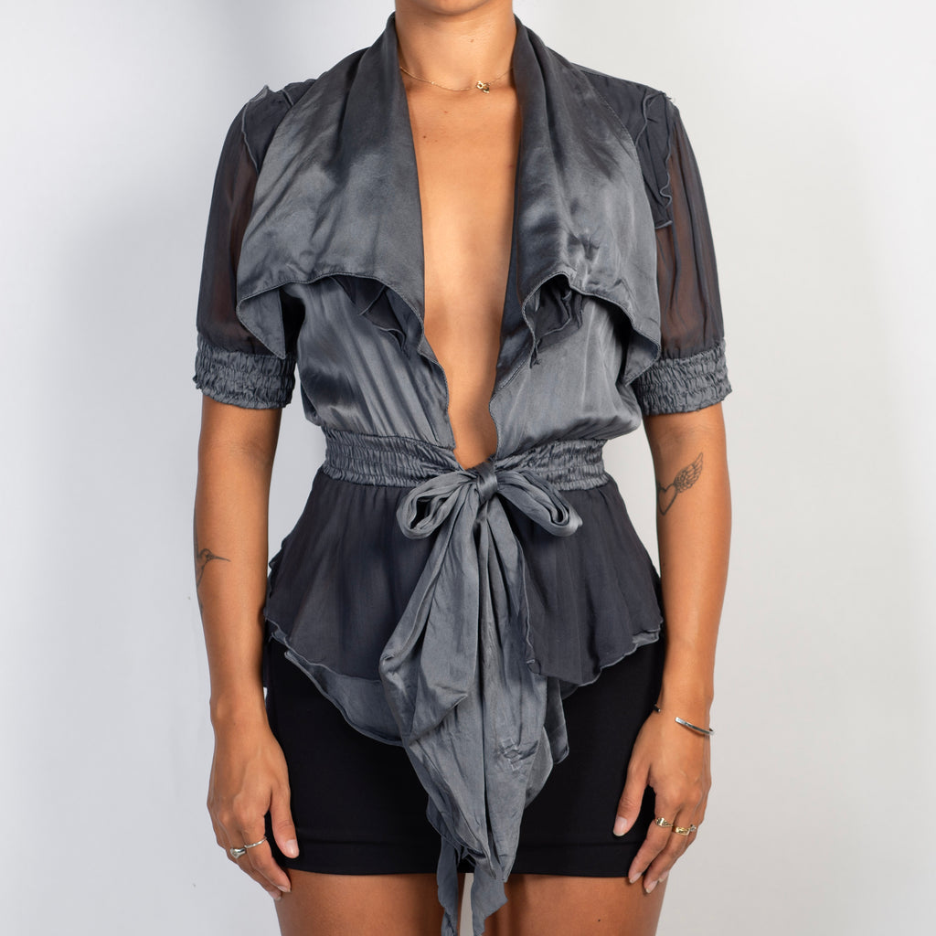 SLATE SILK TIE BLOUSE