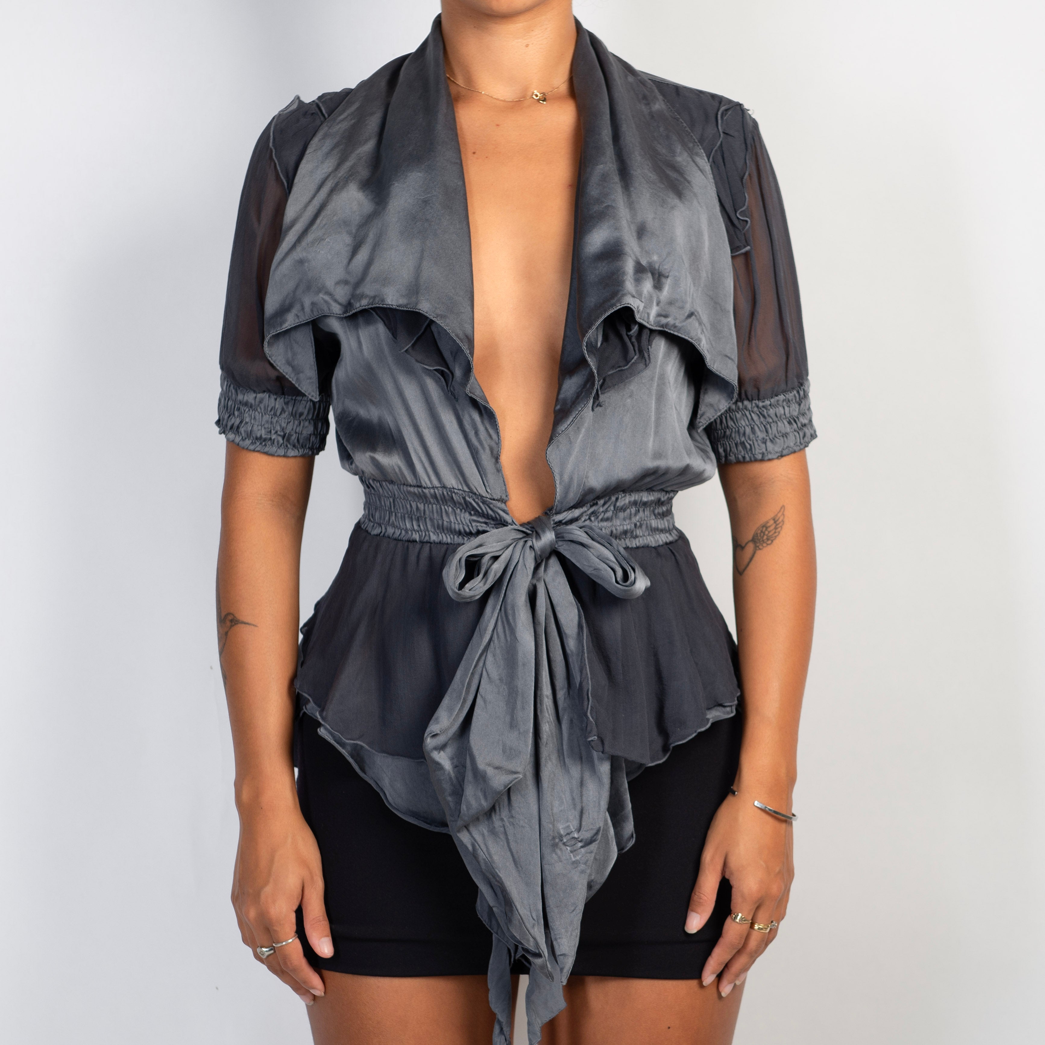 SLATE SILK TIE BLOUSE