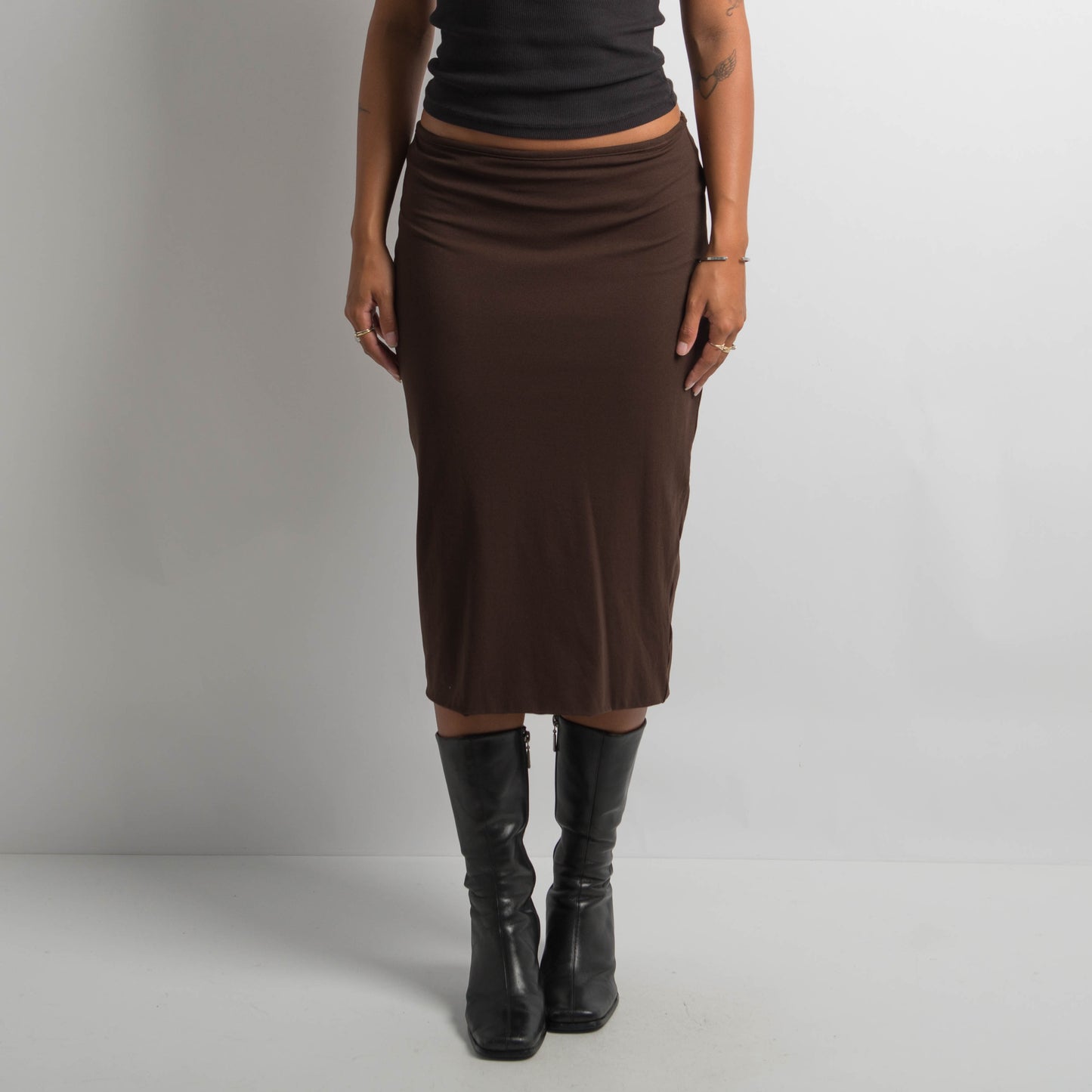 BROWN STRETCH MIDI SKIRT