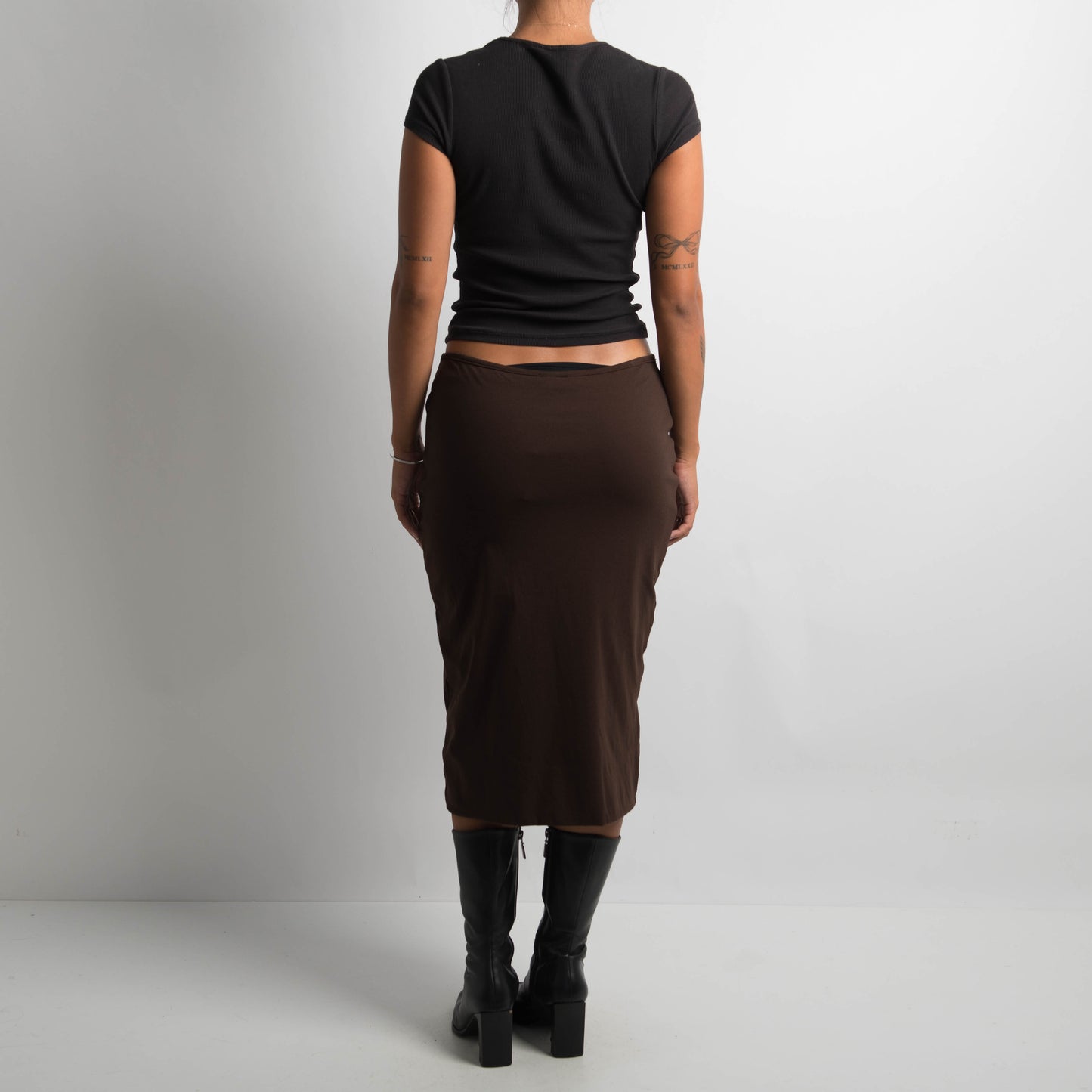 BROWN STRETCH MIDI SKIRT