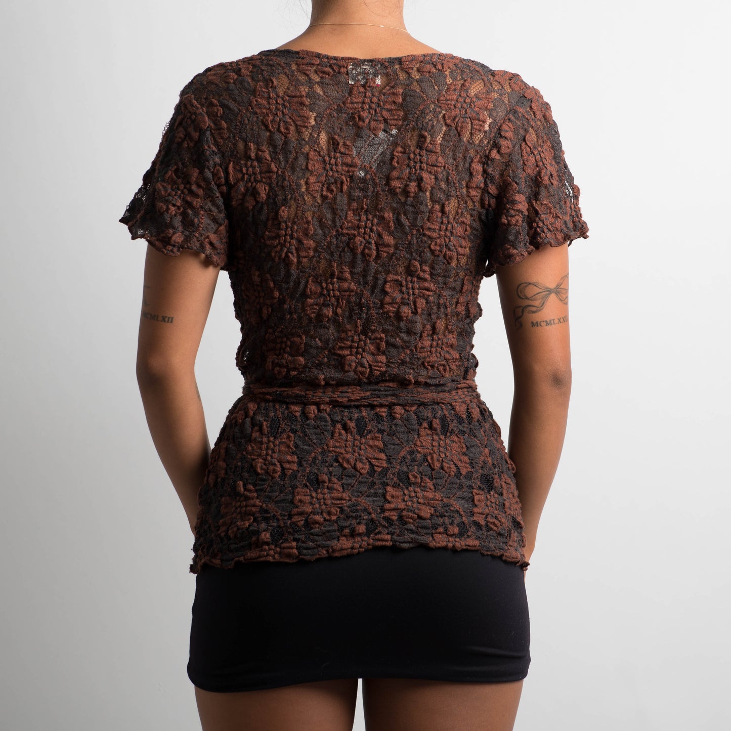 BROWN LACE WRAP TOP