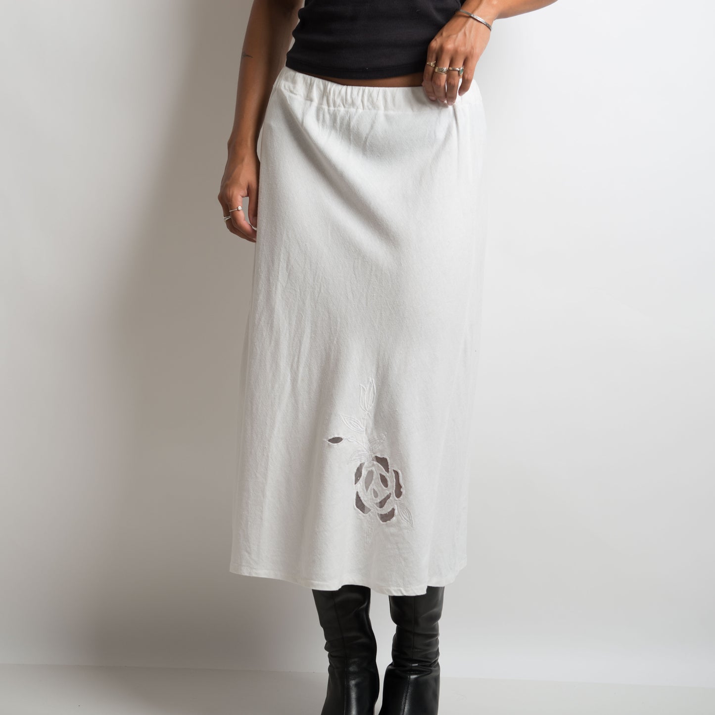 WHITE LINEN MIDI SKIRT