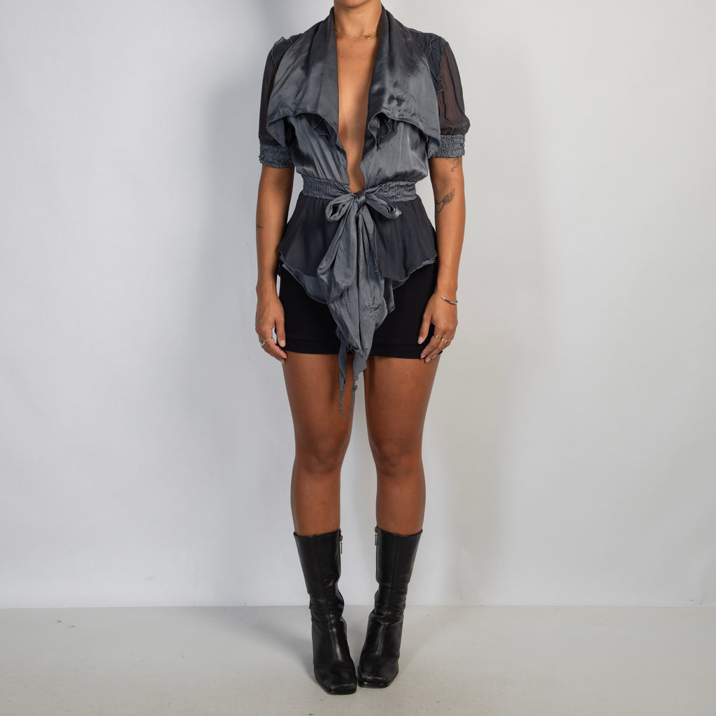 SLATE SILK TIE BLOUSE