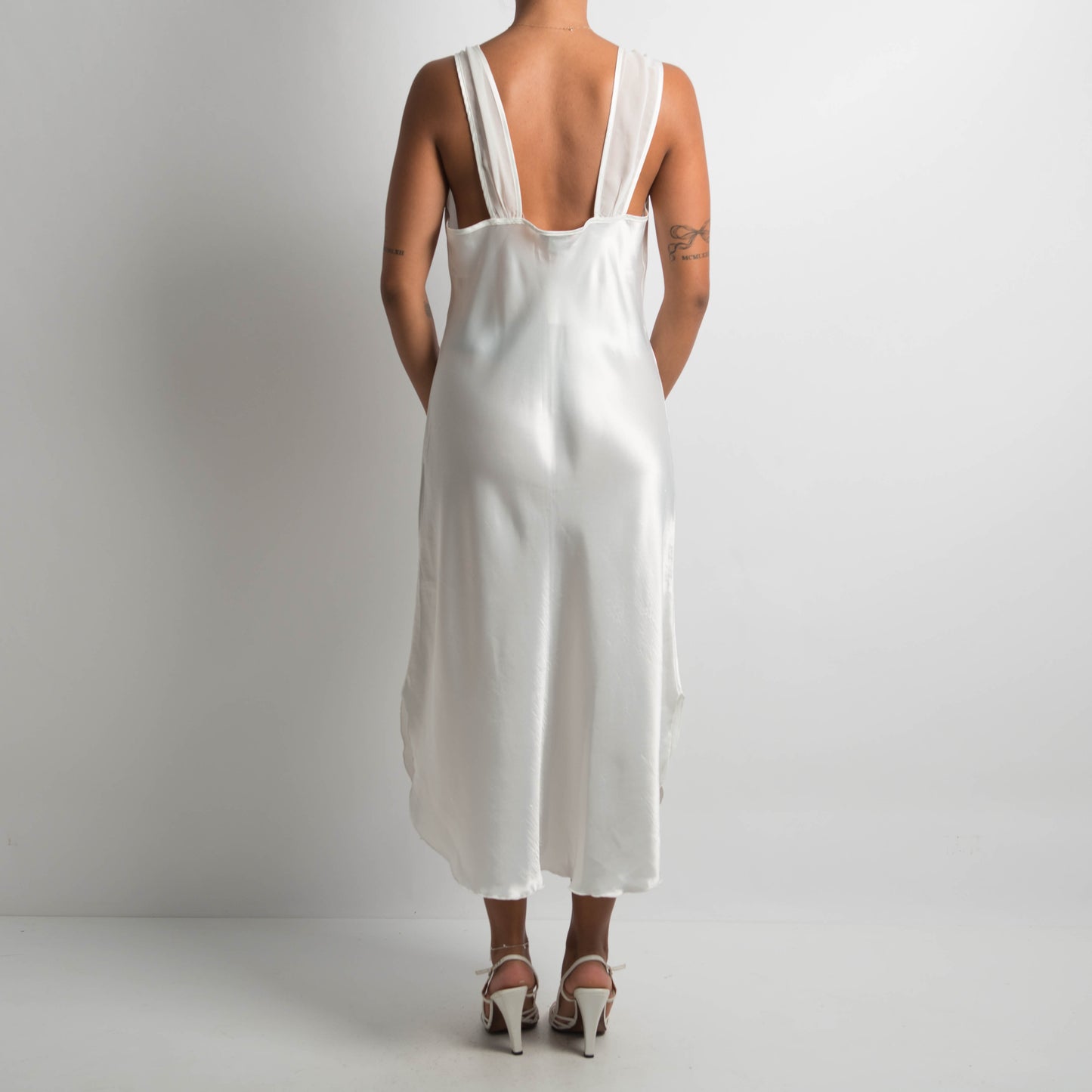 WHITE SATIN MIDI DRESS