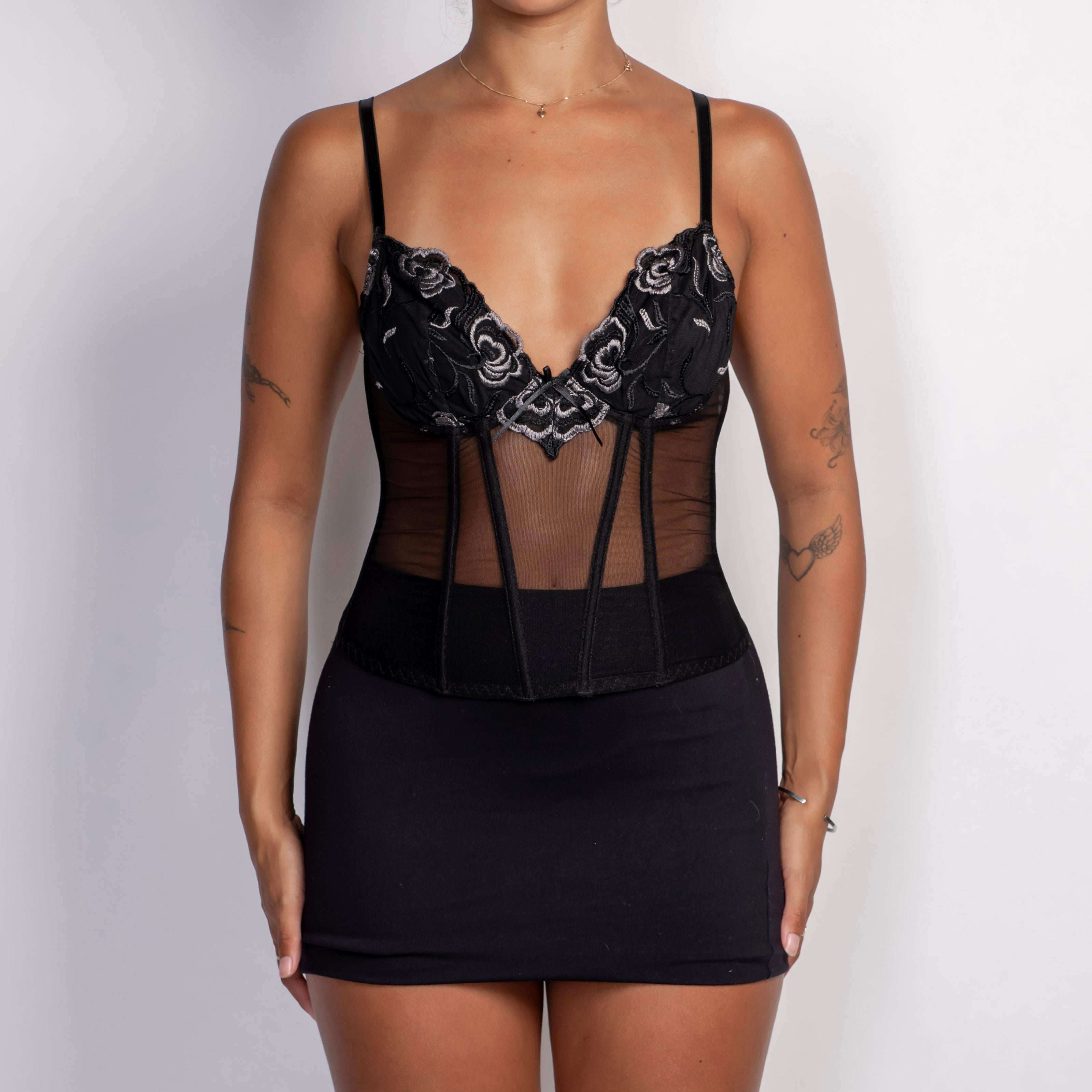 BLACK MESH FLORAL BUSTIER