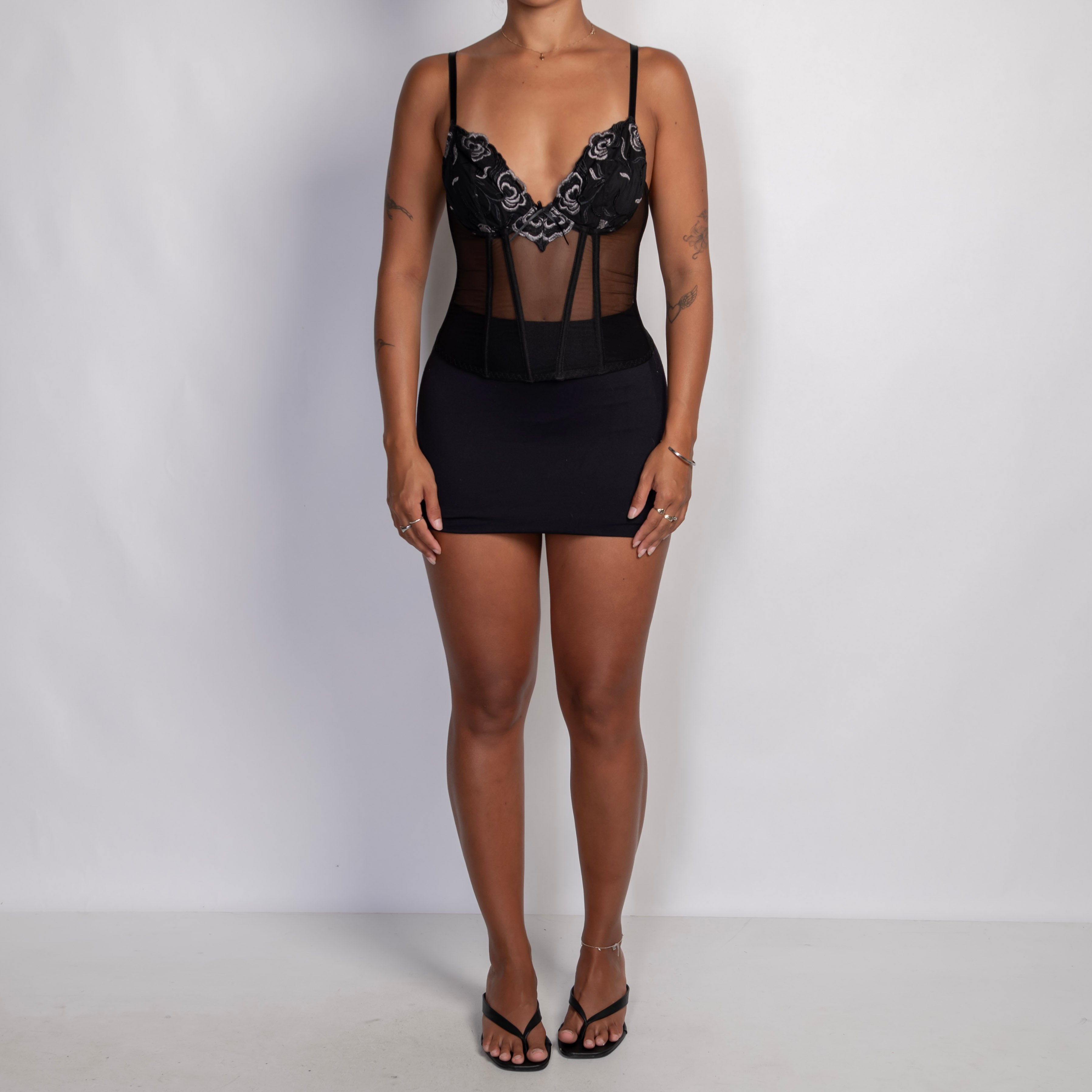 BLACK MESH FLORAL BUSTIER