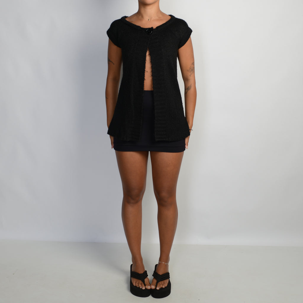 BLACK KNIT OPEN FRONT TOP