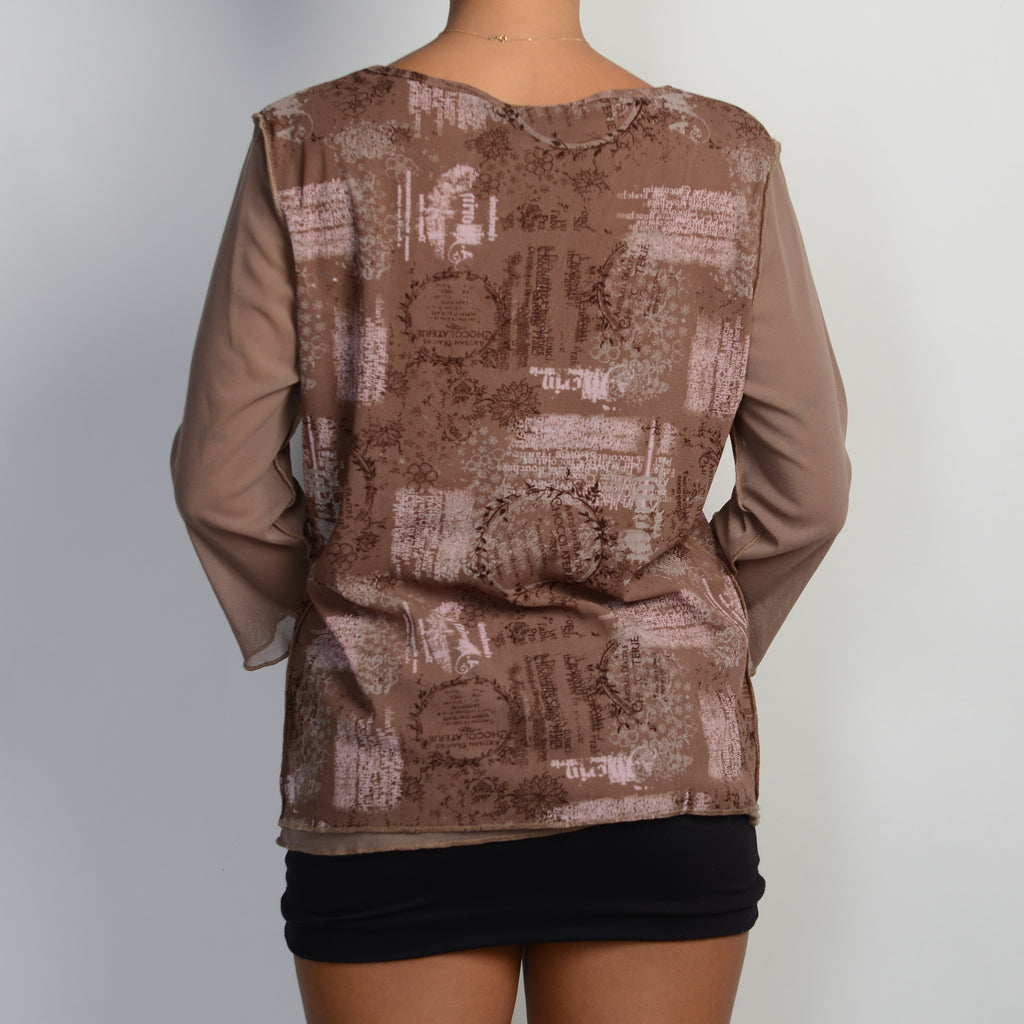 BROWN MESH 3/4 SLEEVE TOP