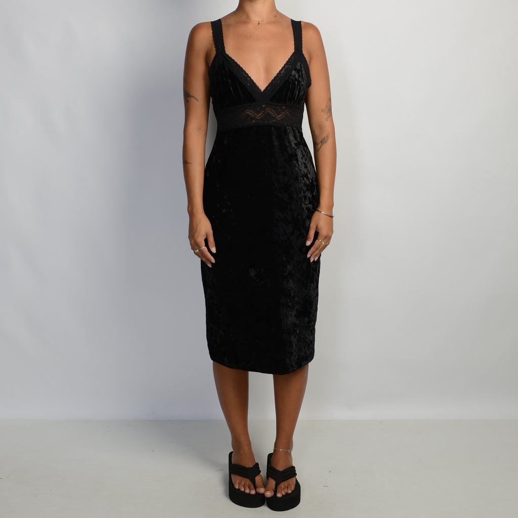 BLACK VELVETEEN MIDI DRESS