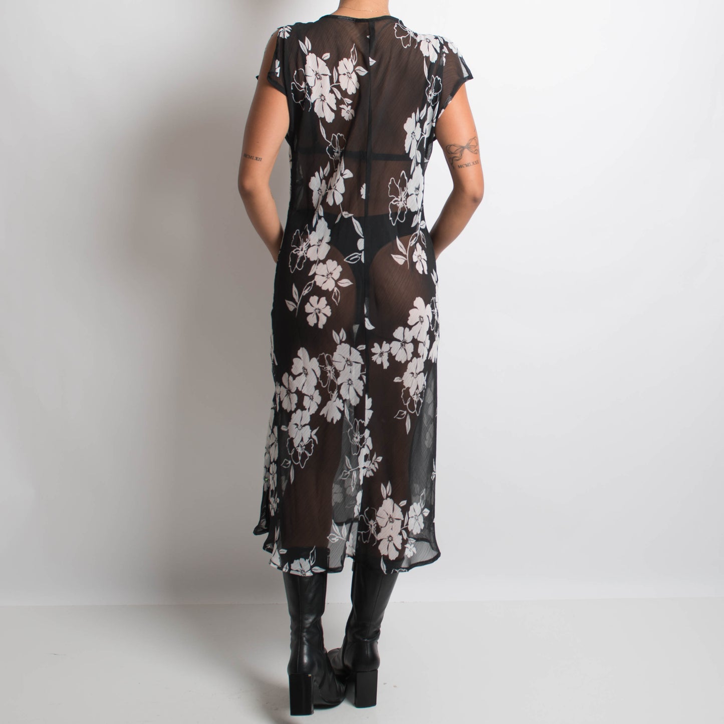 SHEER FLORAL MIDI DRESS