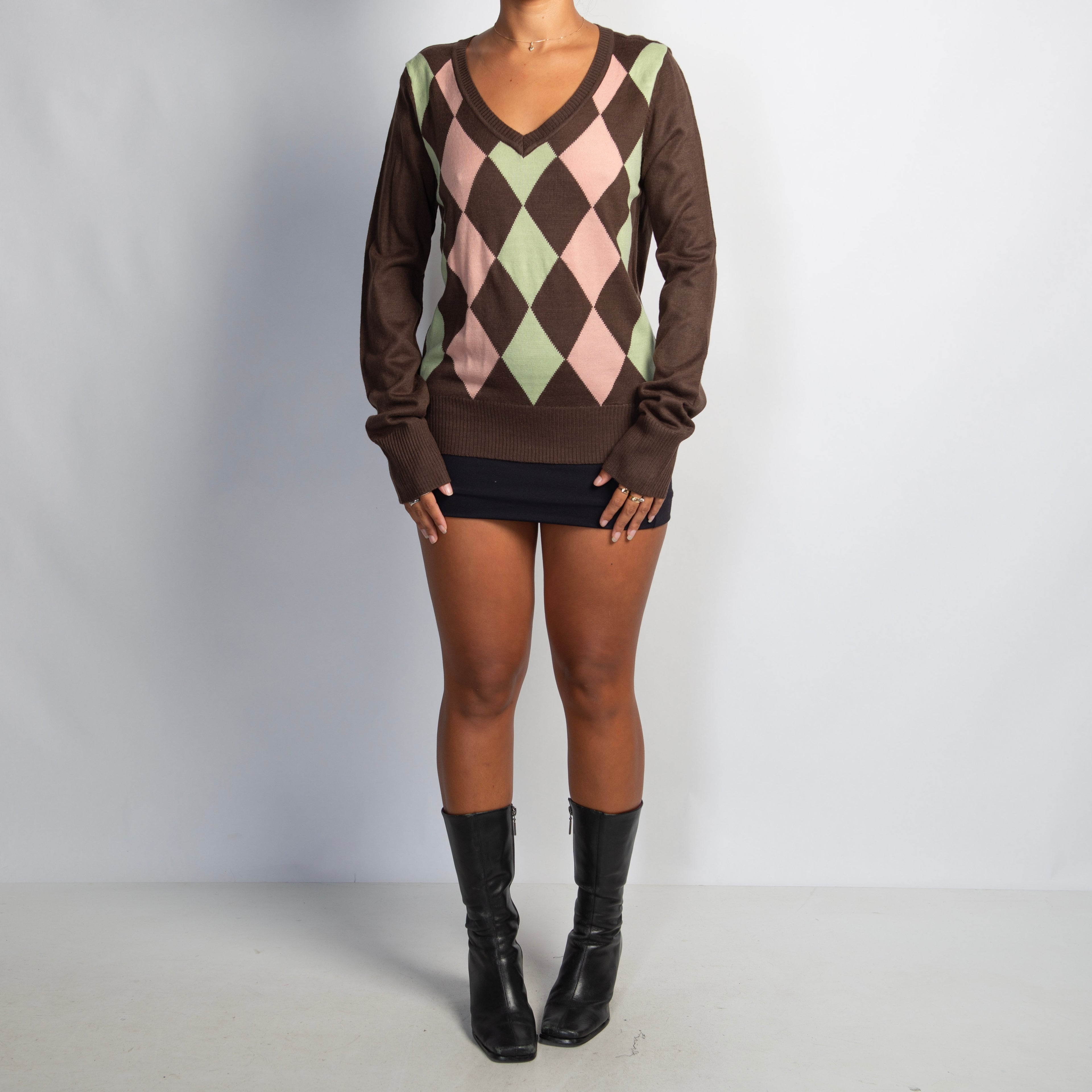 BROWN ARGYLE KNIT TOP