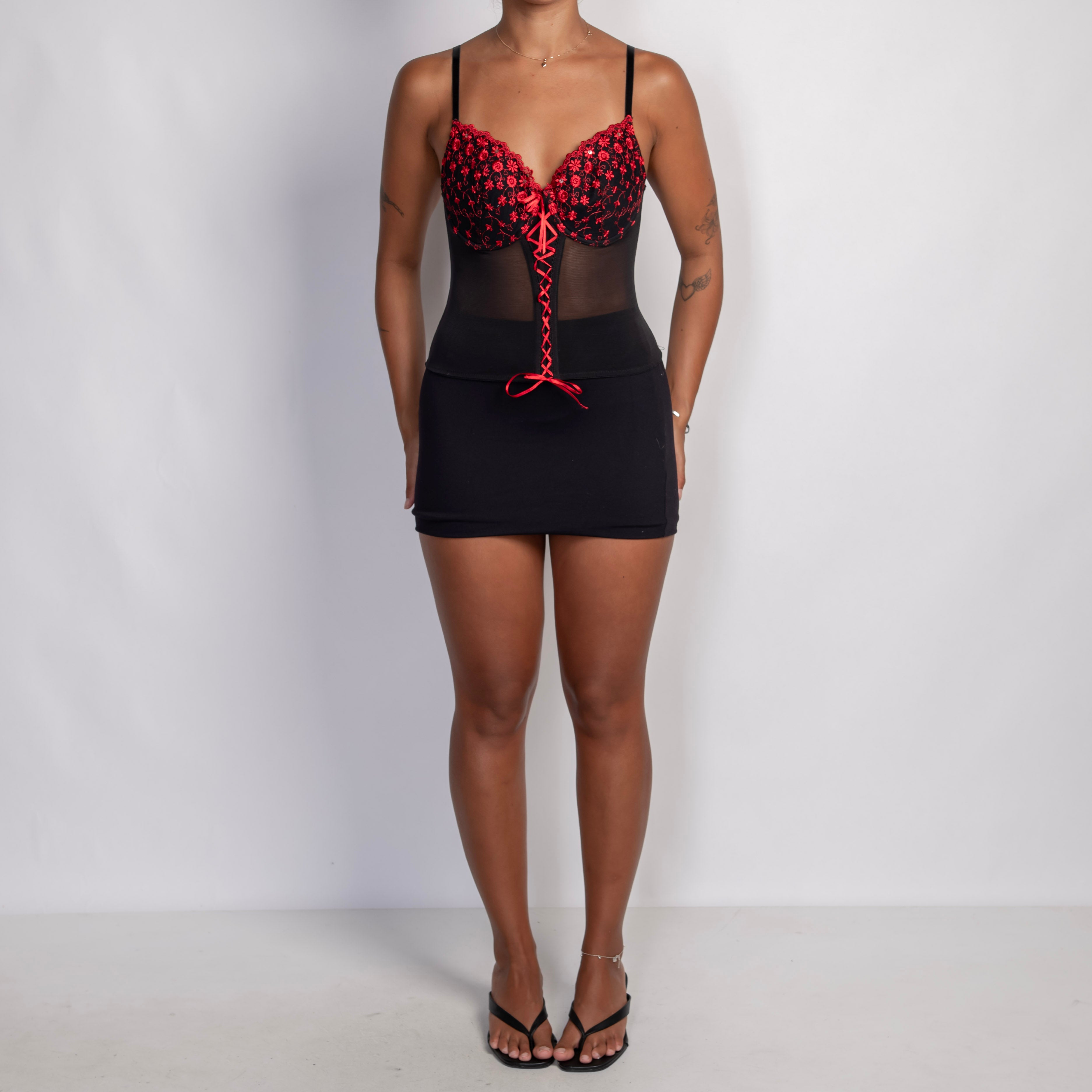 RED EMBROIDERED BUSTIER