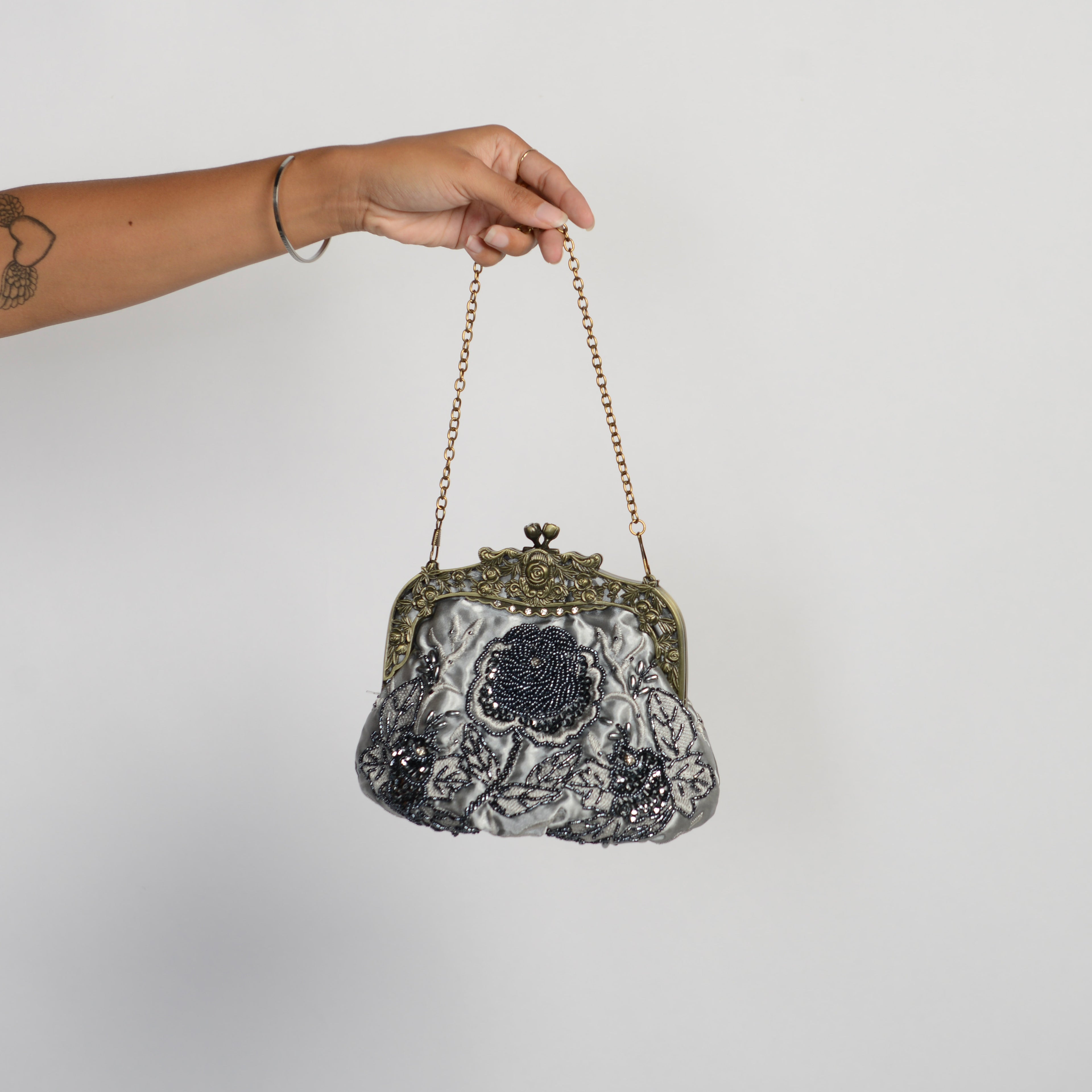 BLUE GREY BEADED PURSE