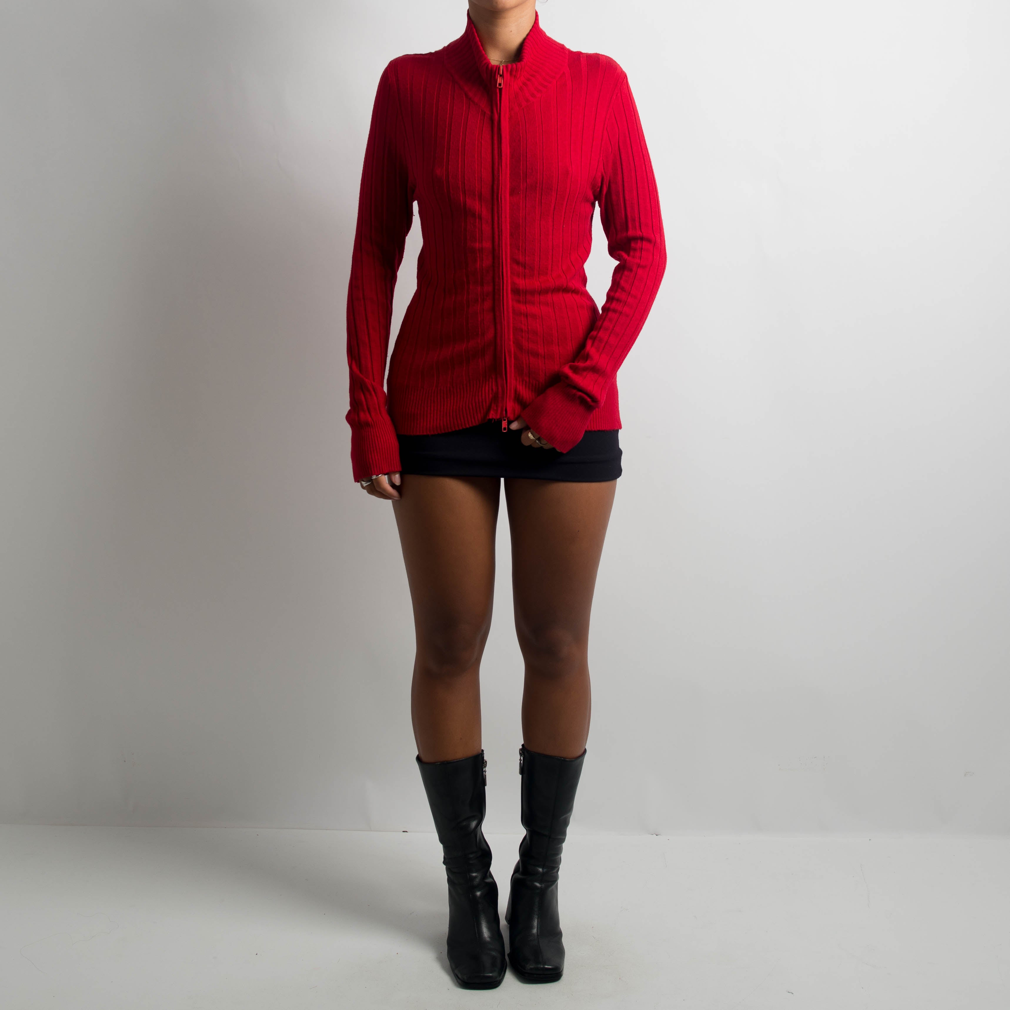 RED RIB ZIP CARDIGAN