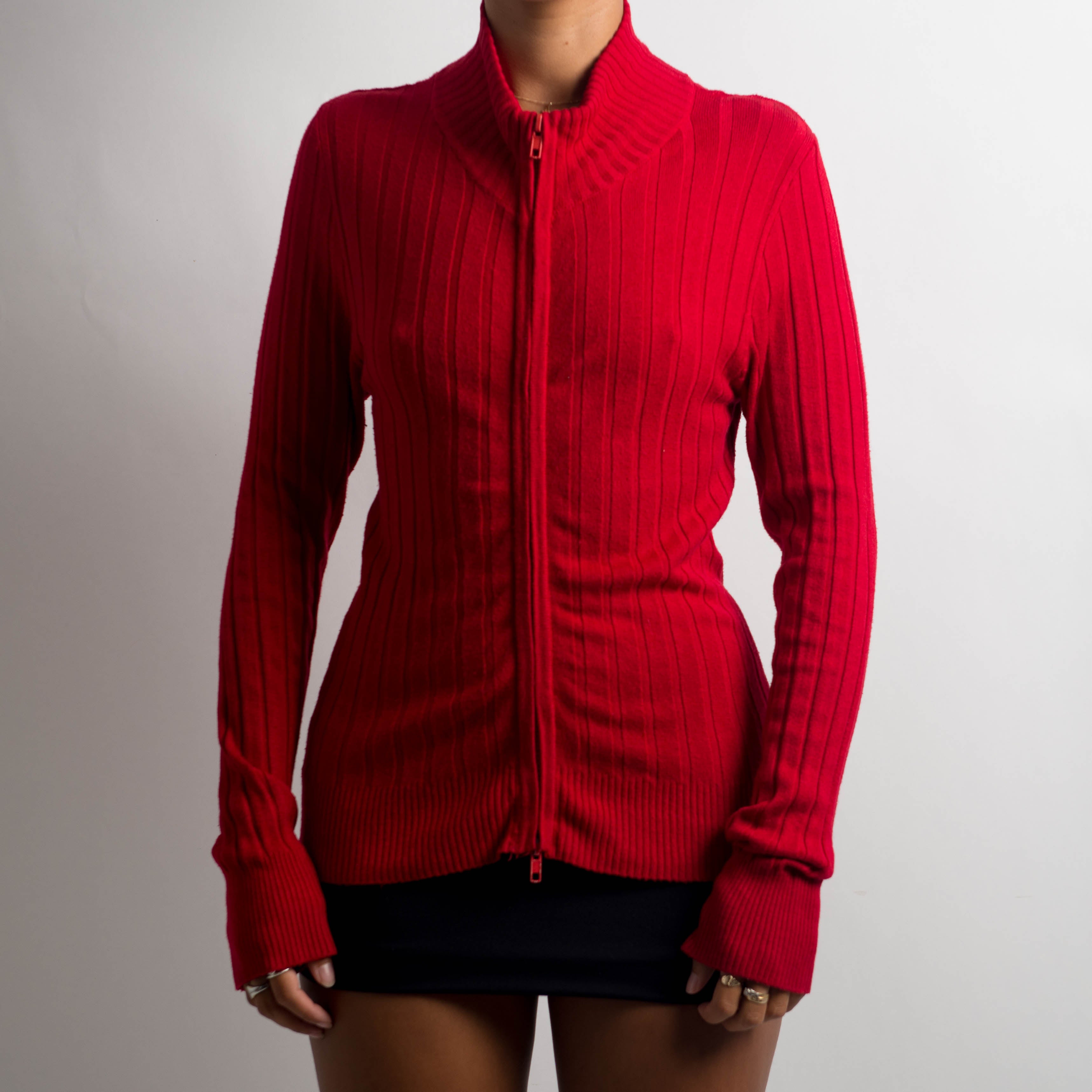 RED RIB ZIP CARDIGAN