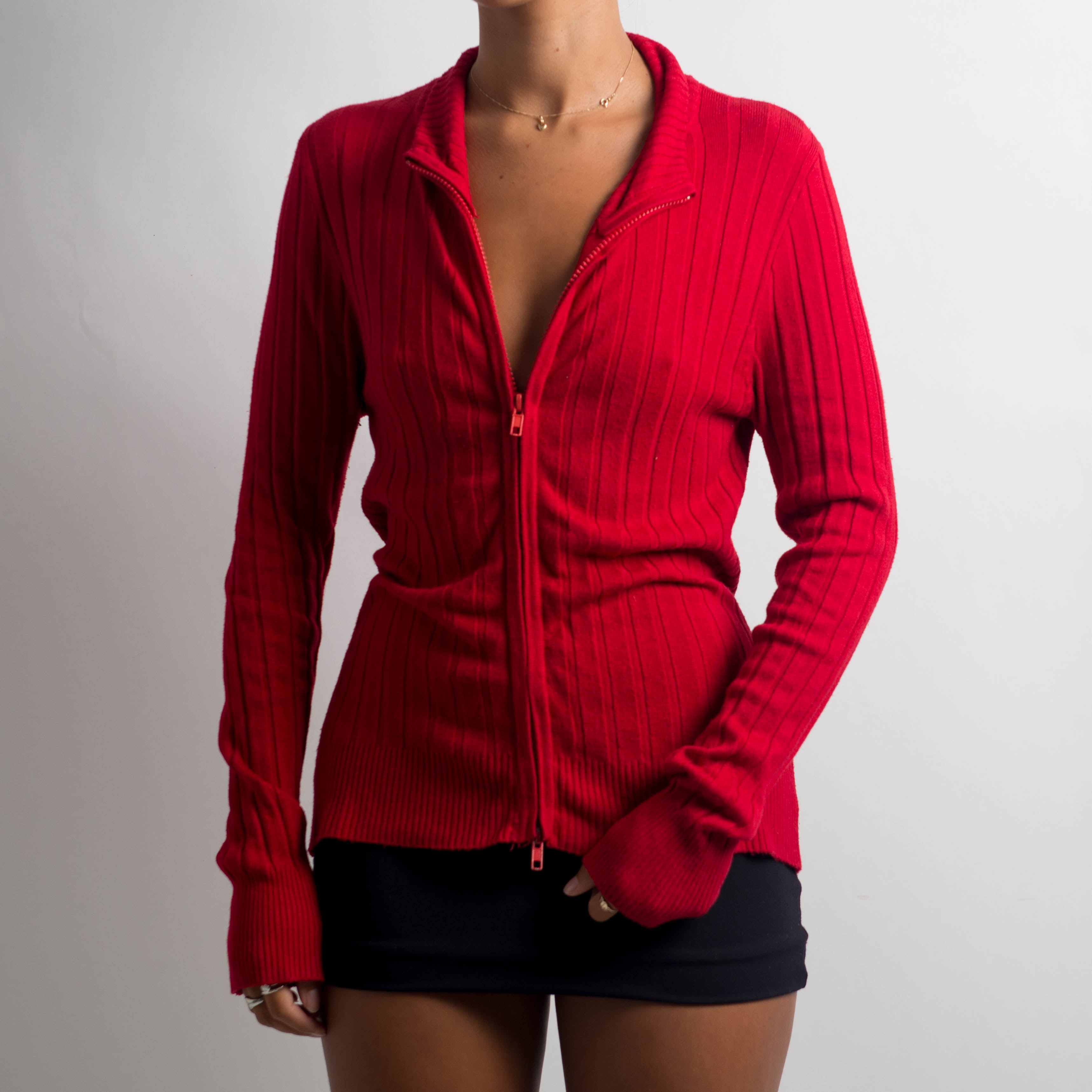 RED RIB ZIP CARDIGAN