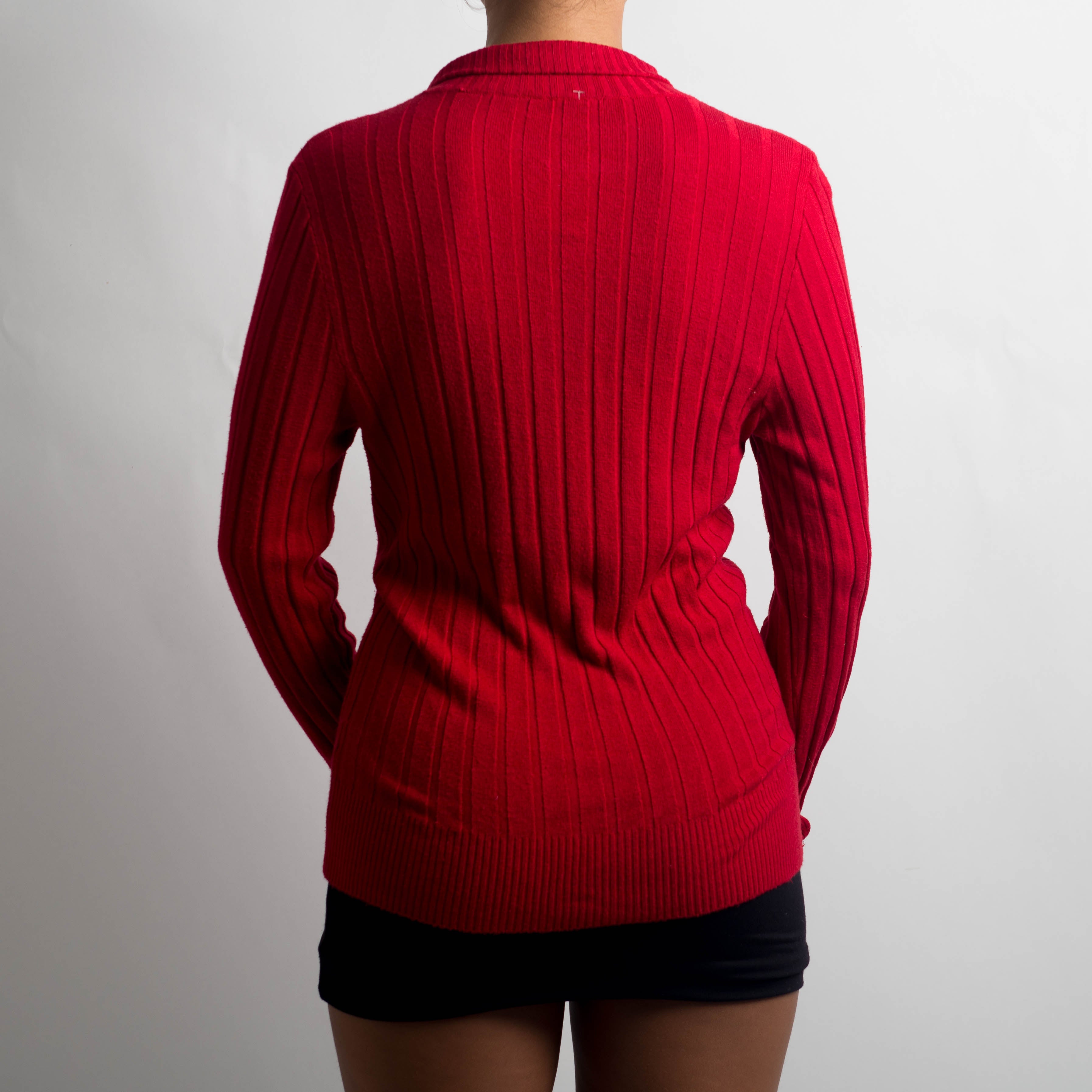RED RIB ZIP CARDIGAN