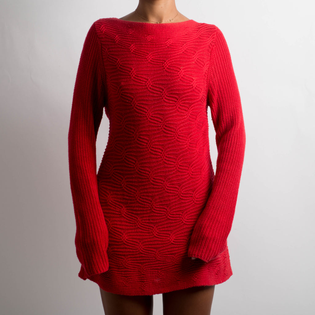 RED KNIT LONG SLEEVE MINI DRESS