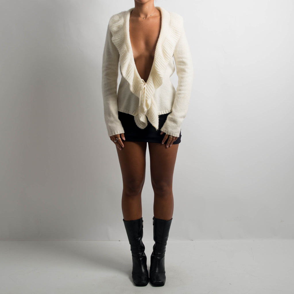 CREAM RUFFLE TIE FRONT CARDIGAN
