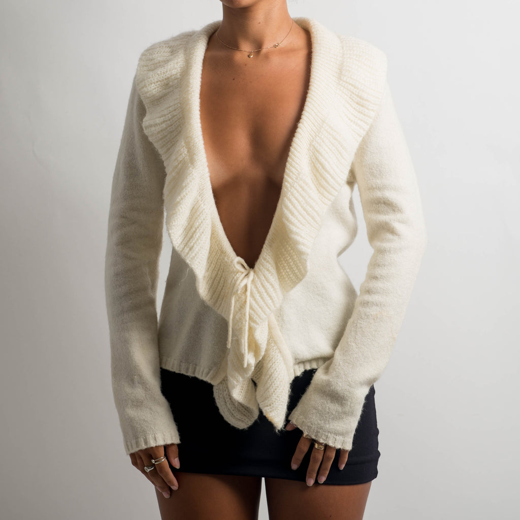 CREAM RUFFLE TIE FRONT CARDIGAN