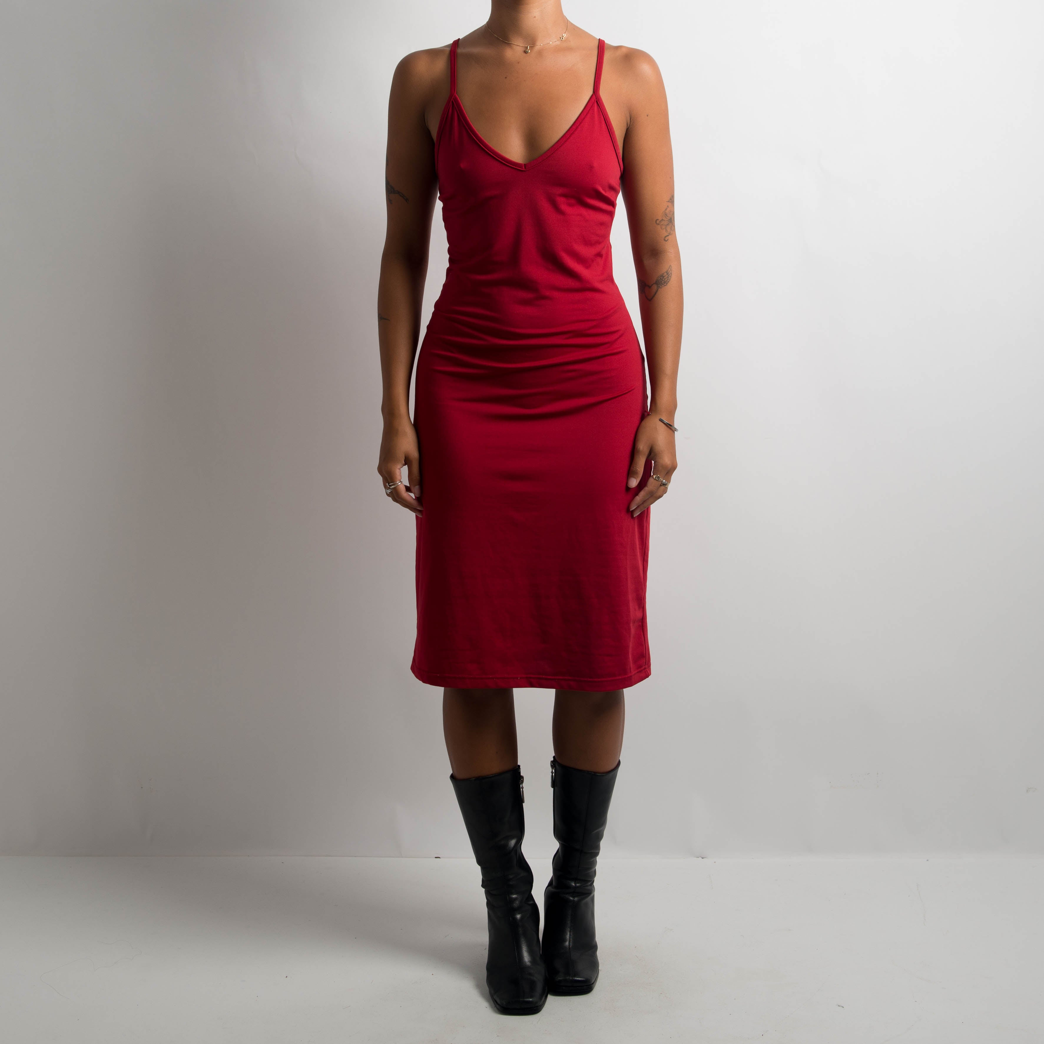 RED SLIP MIDI DRESS