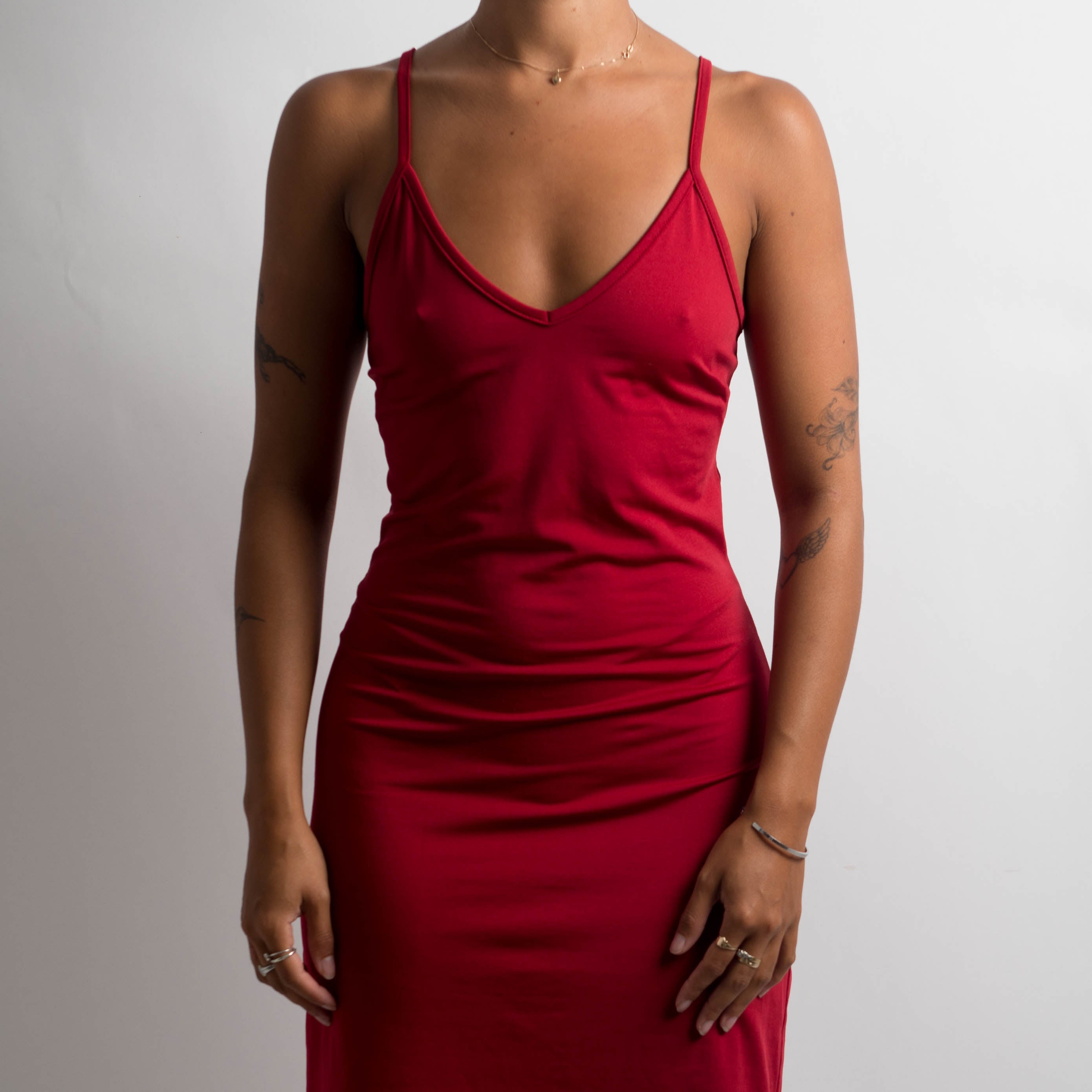 RED SLIP MIDI DRESS