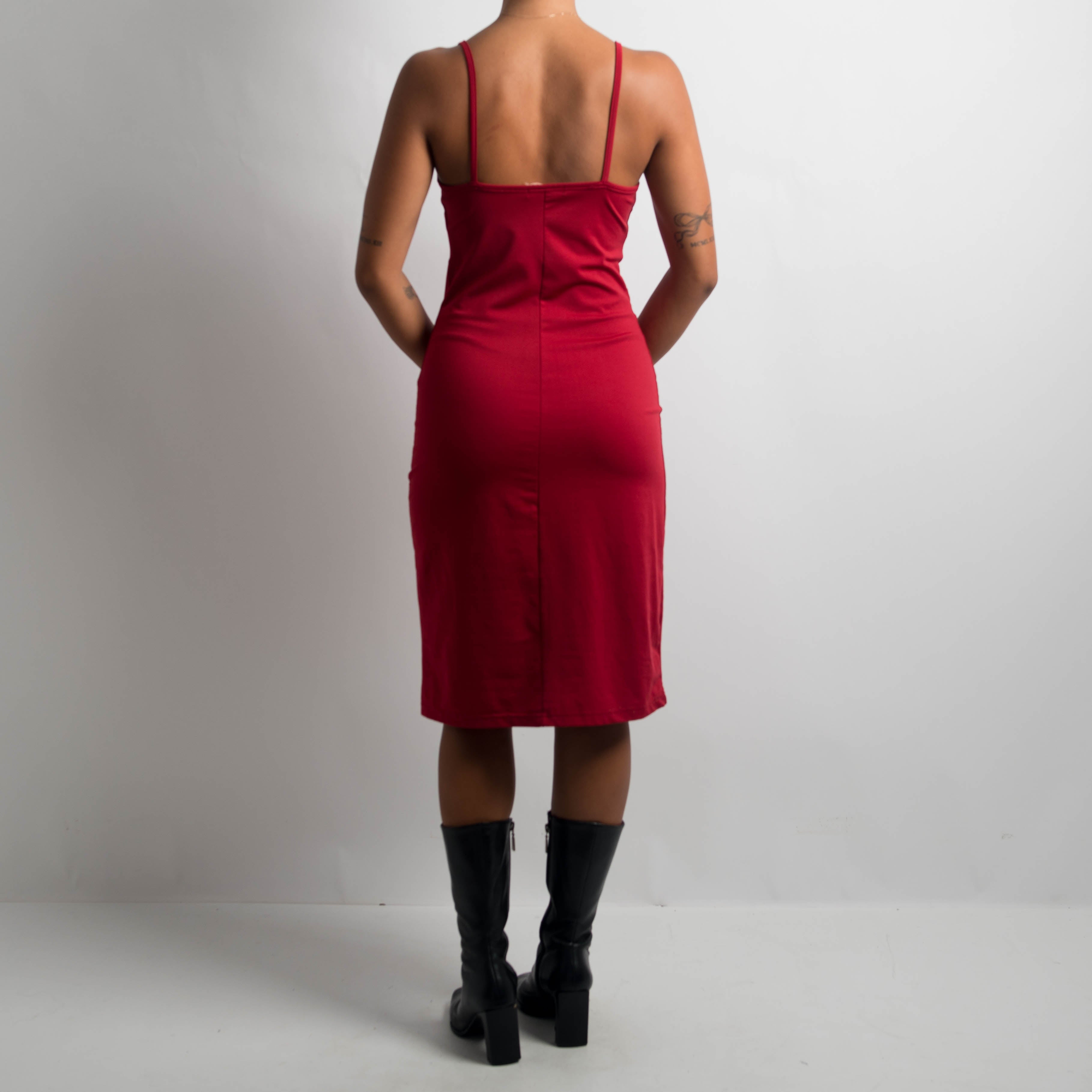 RED SLIP MIDI DRESS