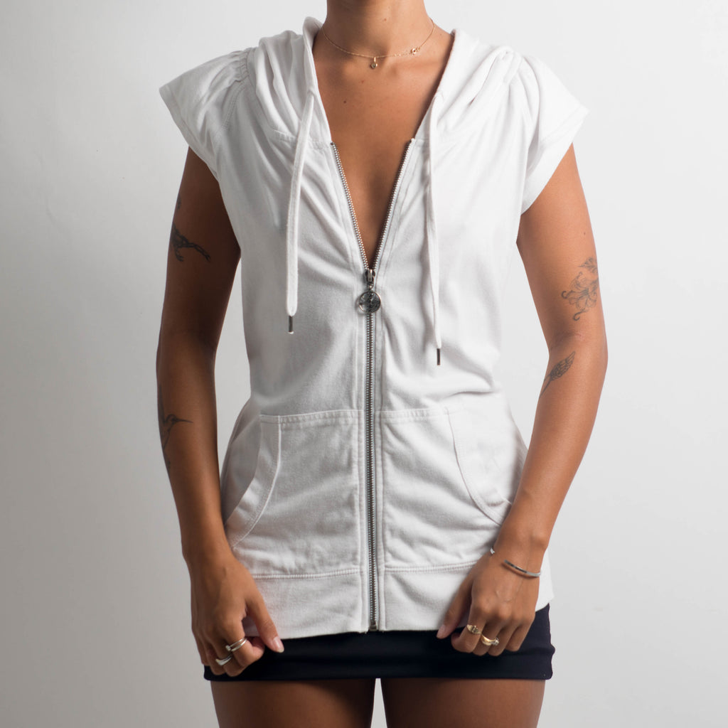 WHITE HOODED ZIP TOP