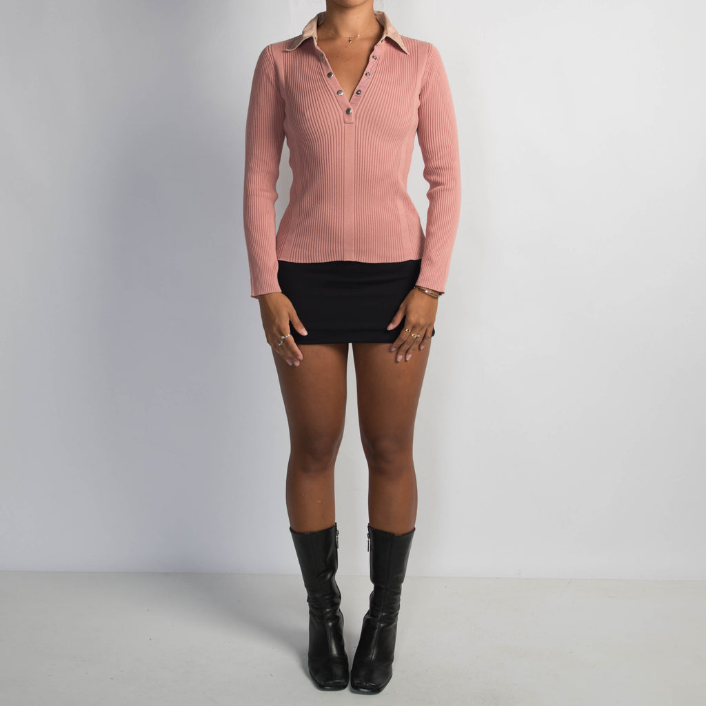 PINK RIB COLLARED TOP