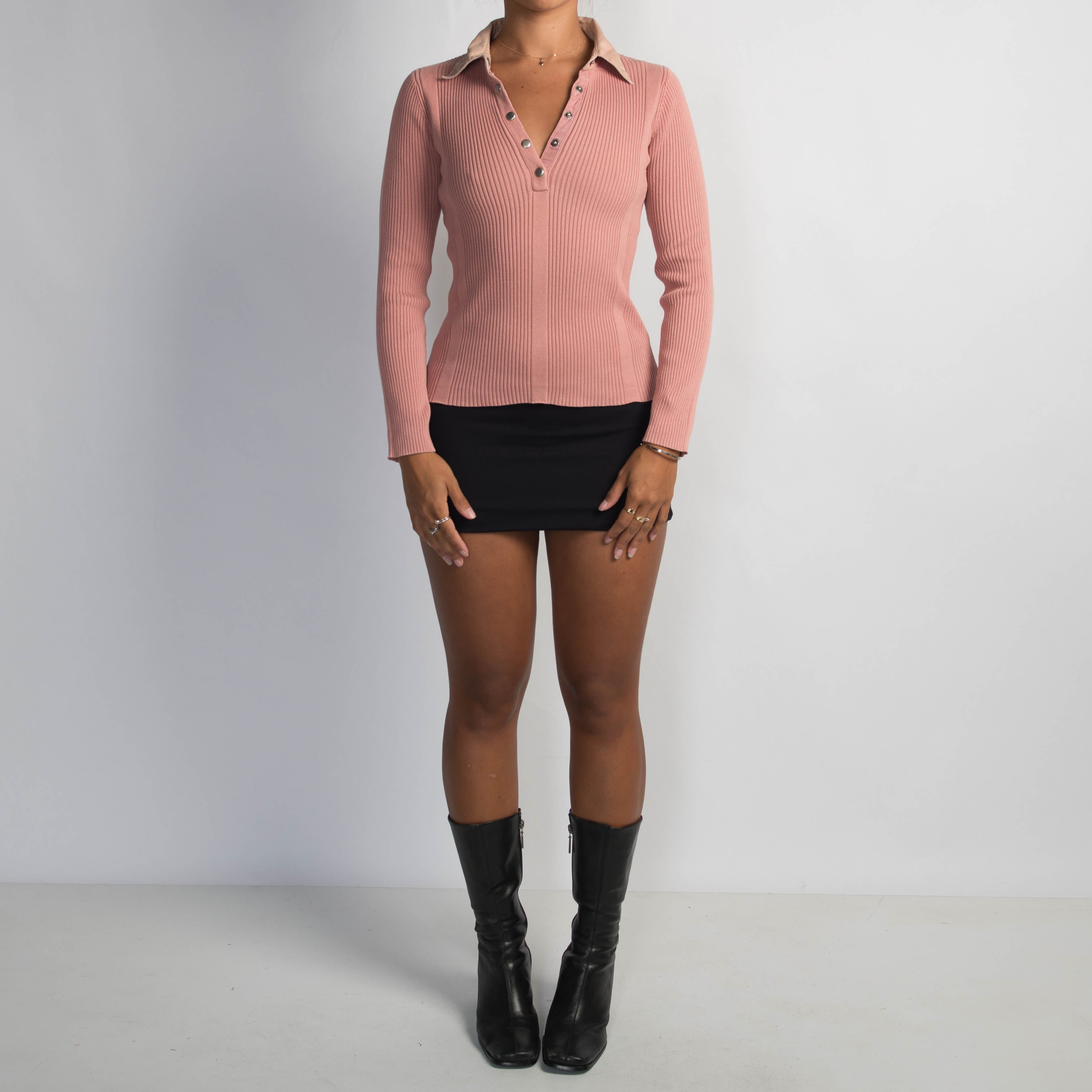 PINK RIB COLLARED TOP